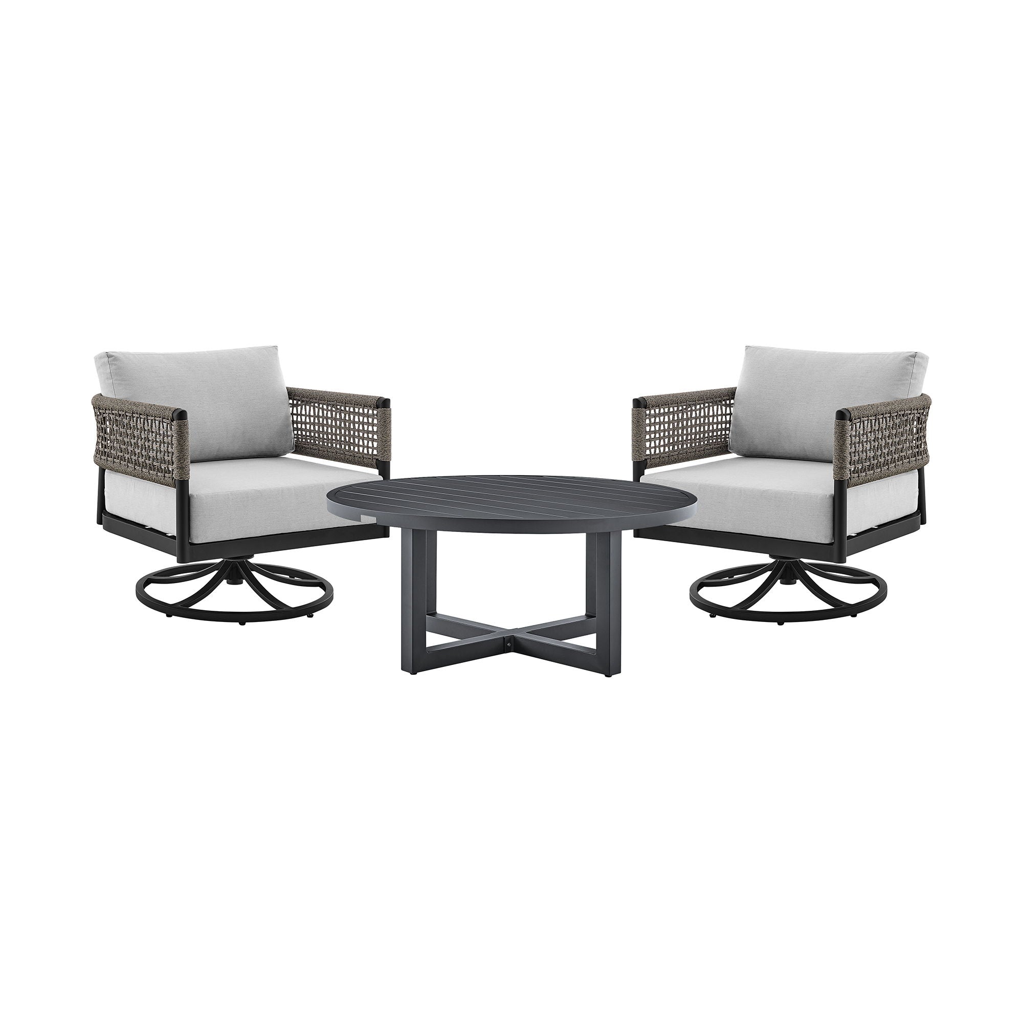 Felicia - And Argiope 3 Piece Patio Outdoor Swivel Seating Set - Black Aluminum With Gray Rope And Cushions