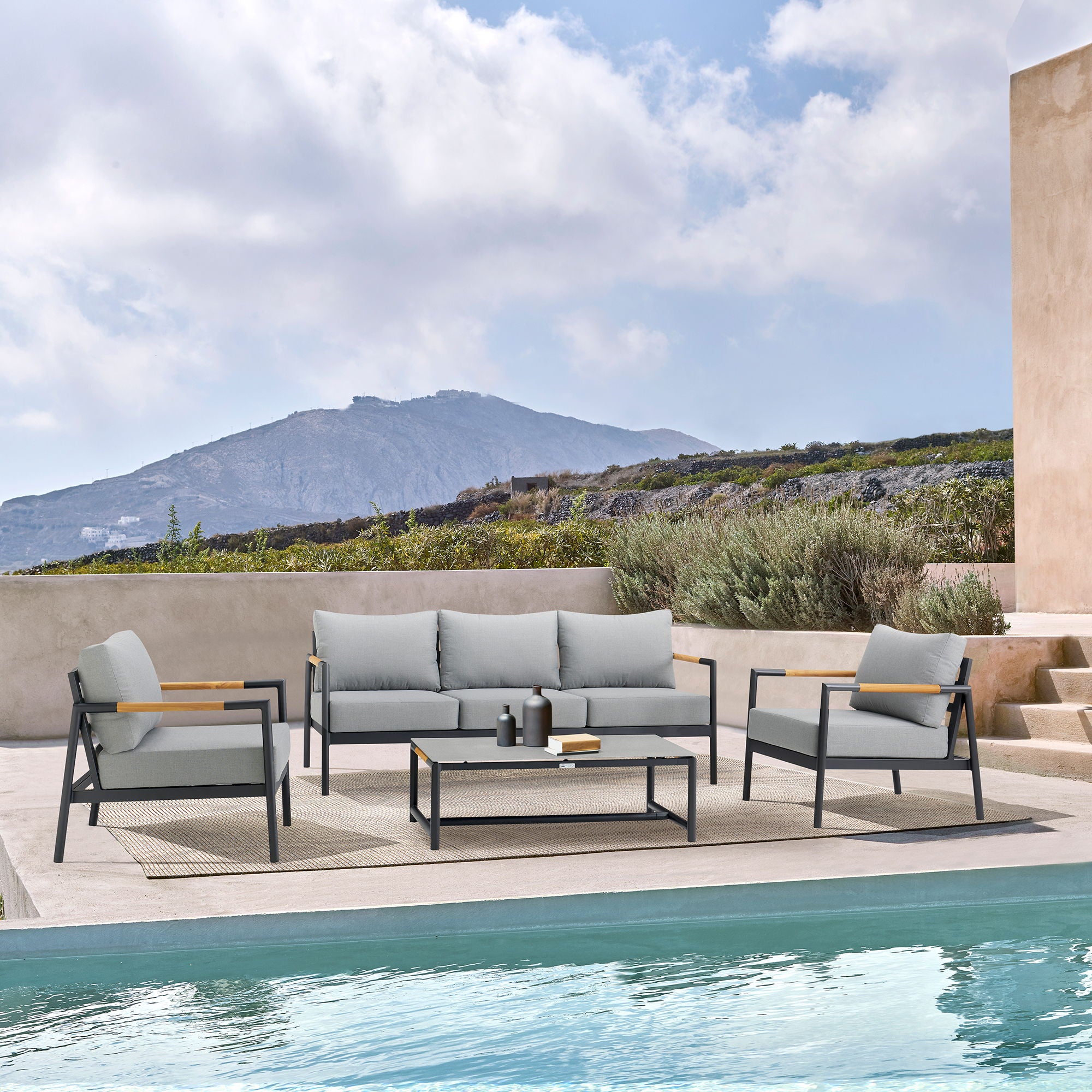 Royal - 4 Piece Aluminum And Teak Outdoor Seating Set With Cushions - Black / Dark Gray