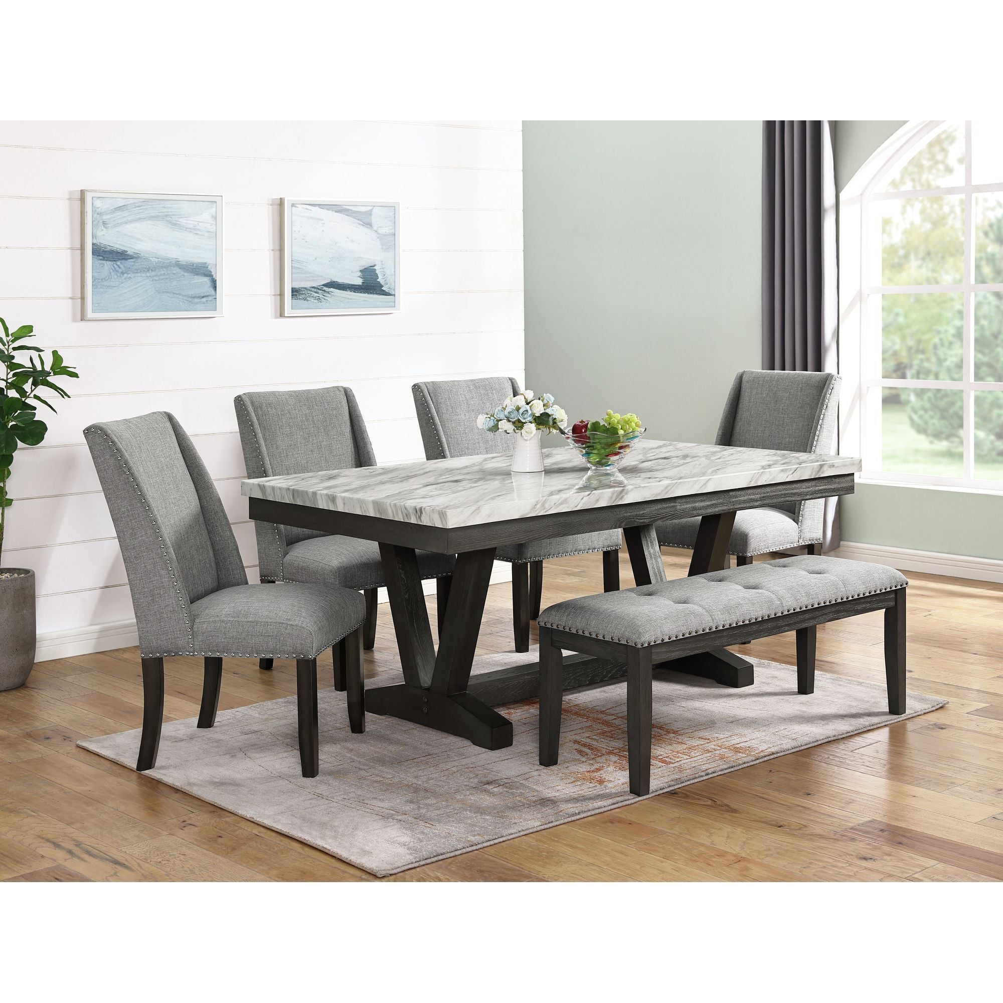 Everdeen - Bench With Gray Fabric and Nail Heads - Charcoal