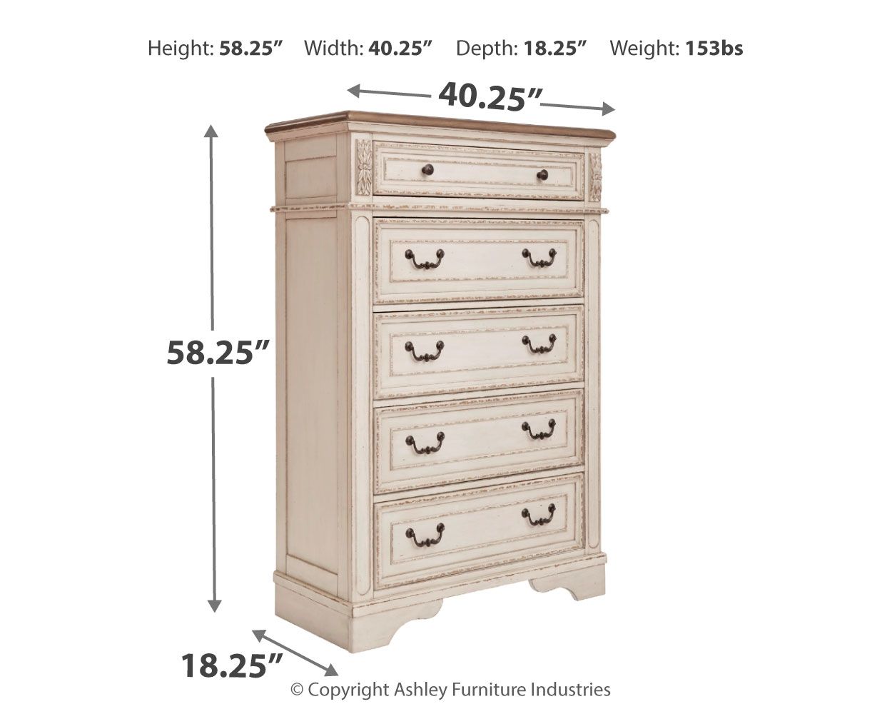 Realyn - Five Drawer Chest - White / Brown / Beige
