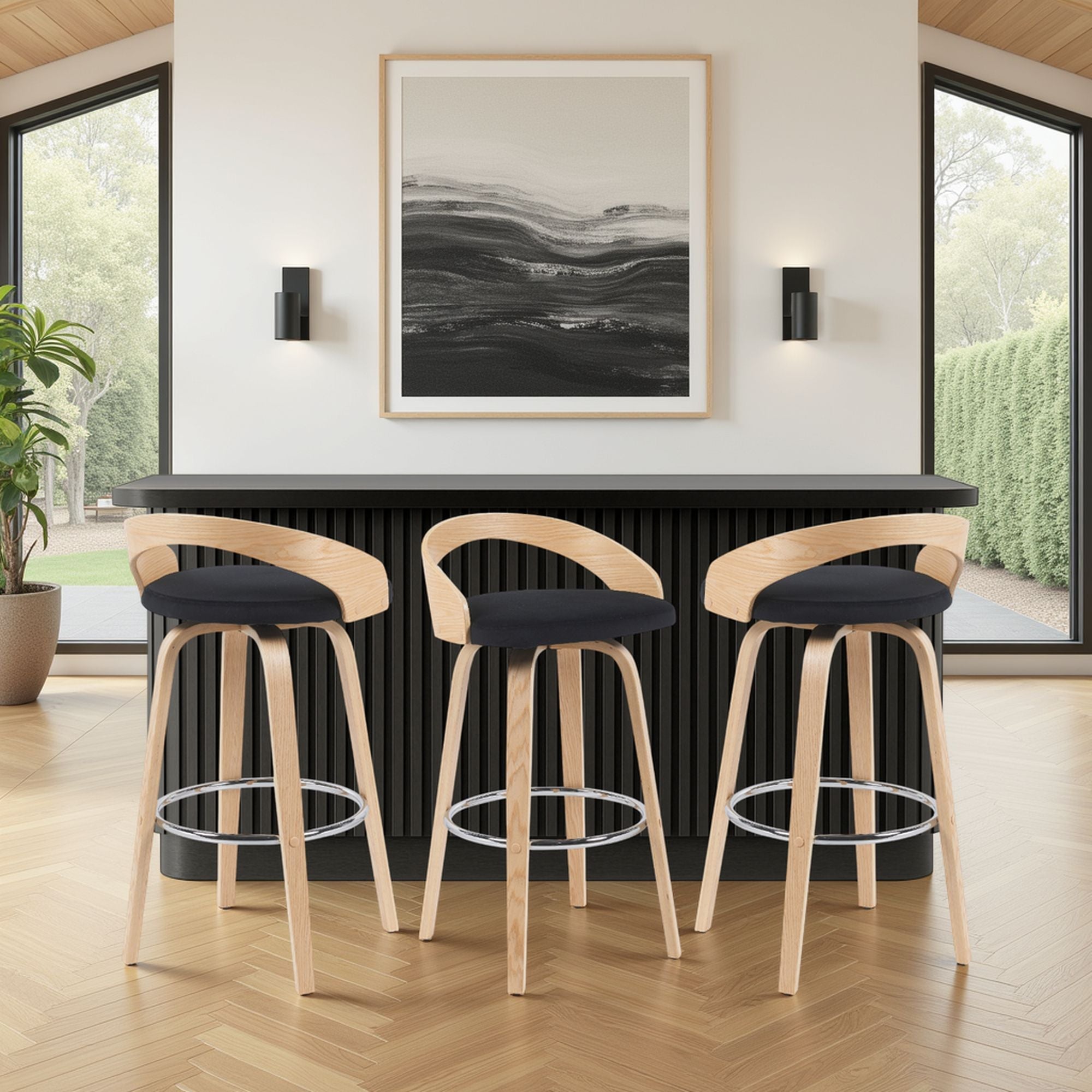 Sonia - Modern Swivel Bar Height Stool - Patterned Oak Wood Finish