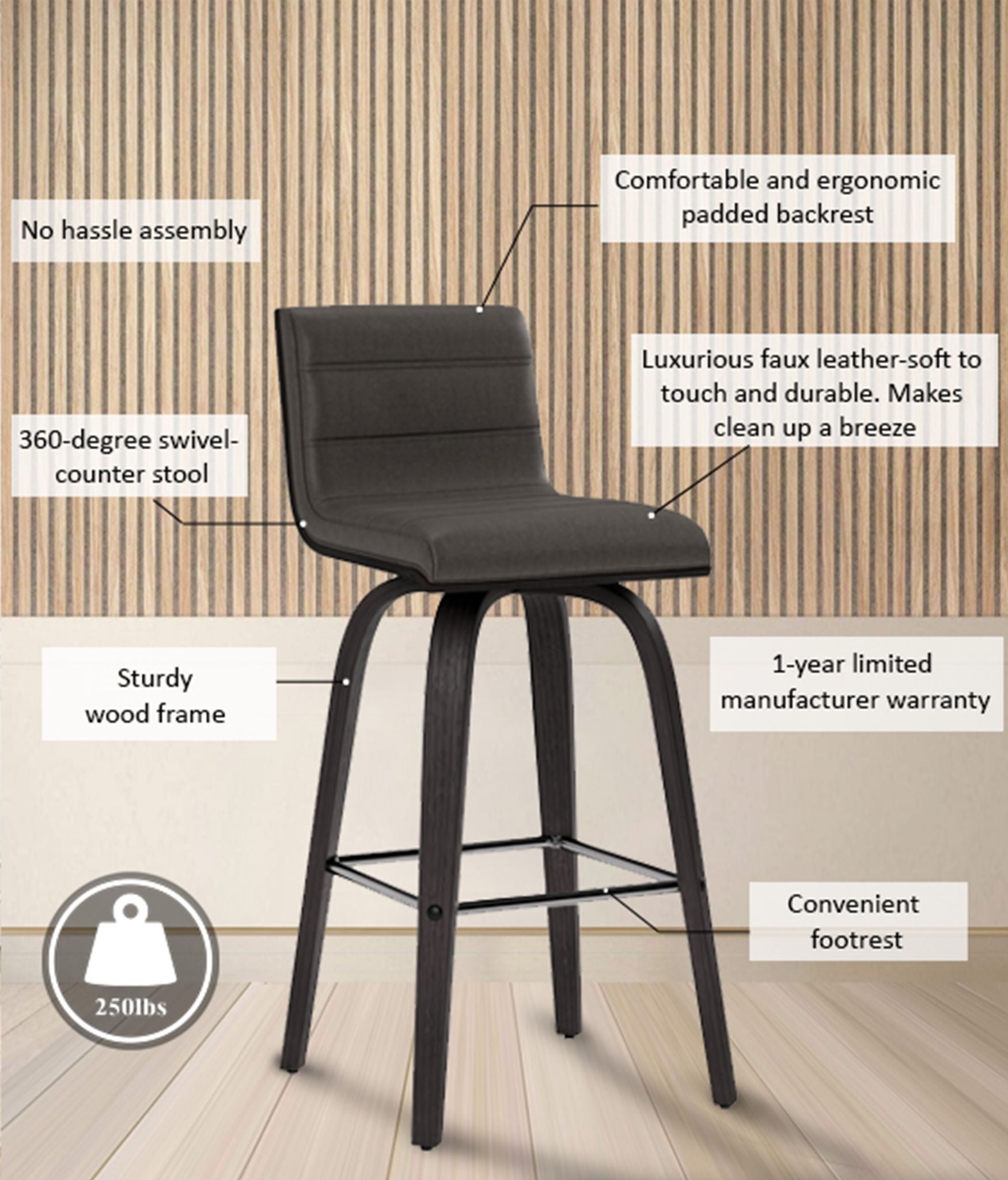 Vienna - 26" Swivel Counter Stool - Black Wood