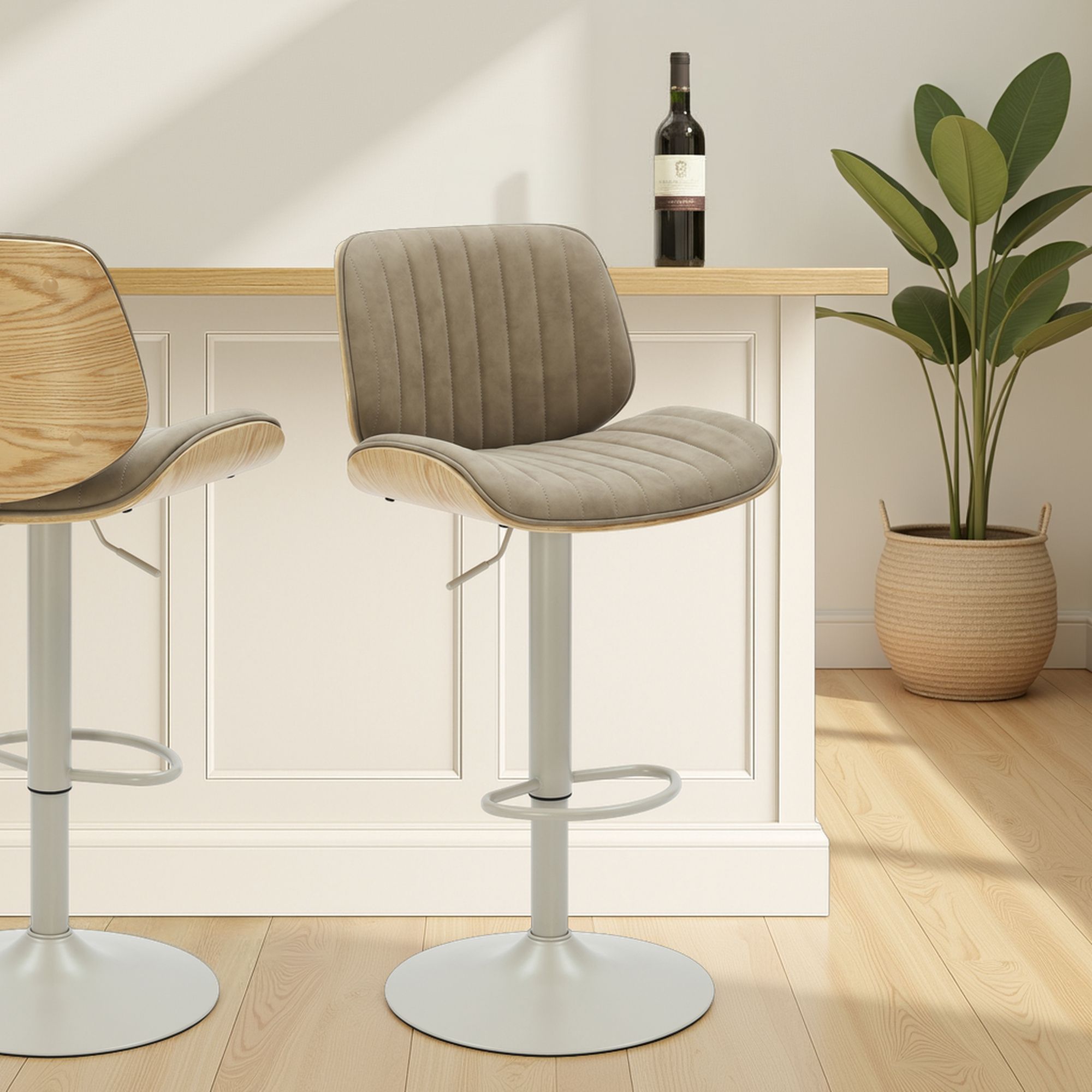 Brock - Adjustable Swivel Curved Back Wood Bar Stool With Faux Leather Seat