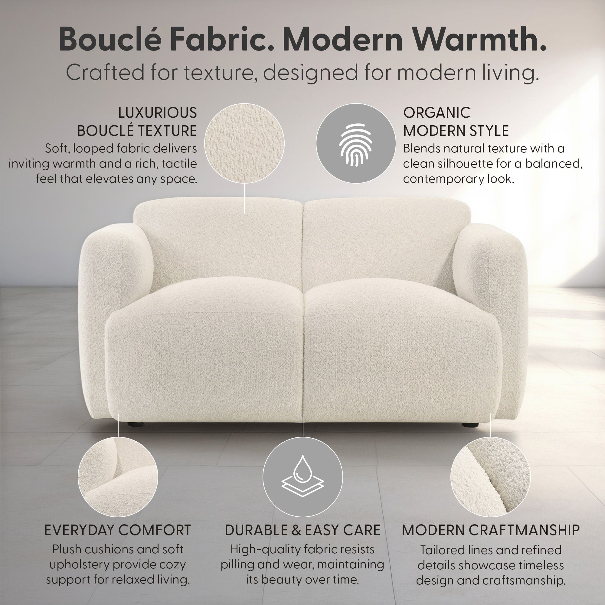 Sierra - Boucle Fabric Loveseat With Rounded Arms - Ivory