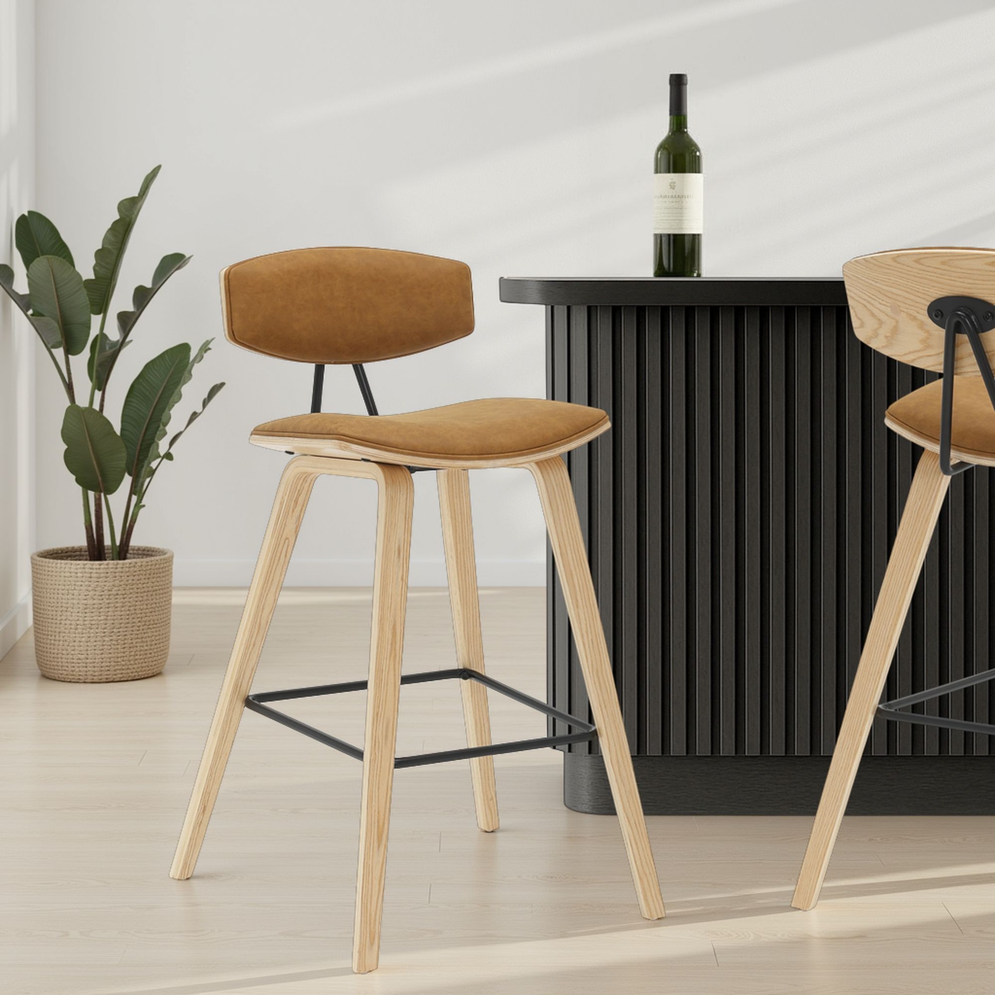 Fox - Bar Height Curved Back Wood Bar Stool With Faux Leather Seat
