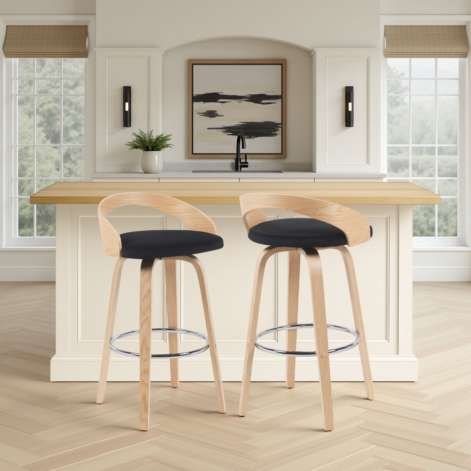 Sonia - Modern Swivel Bar Height Stool - Patterned Oak Wood Finish