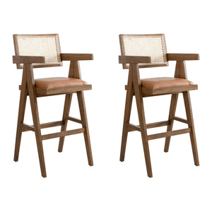 Harley - Nutmeg Brown Solid Wood And Rattan Upholstered 30" Bar Height Barstool