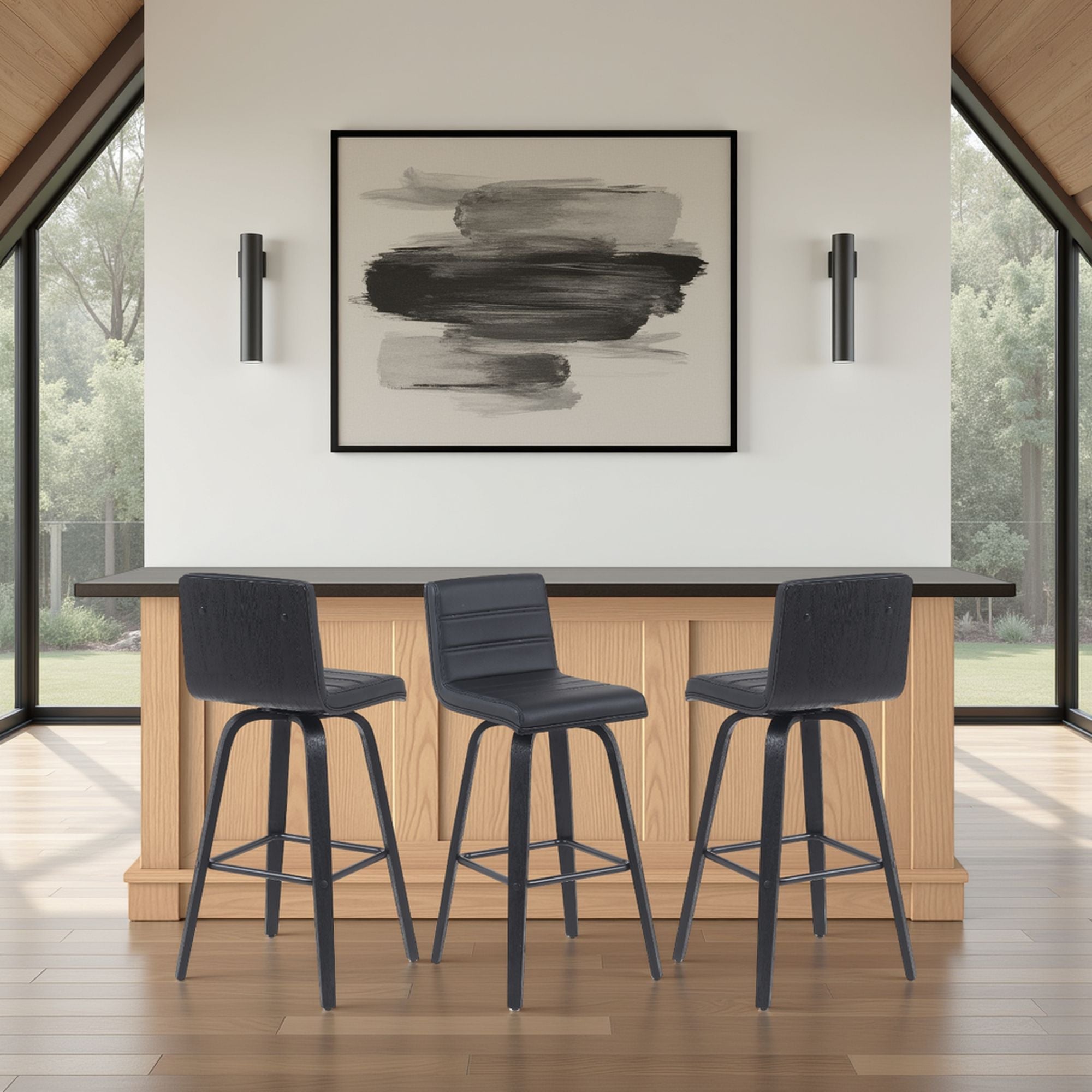 Vienna - Modern Swivel Bar Height Stool - Black Brushed Wood Frame