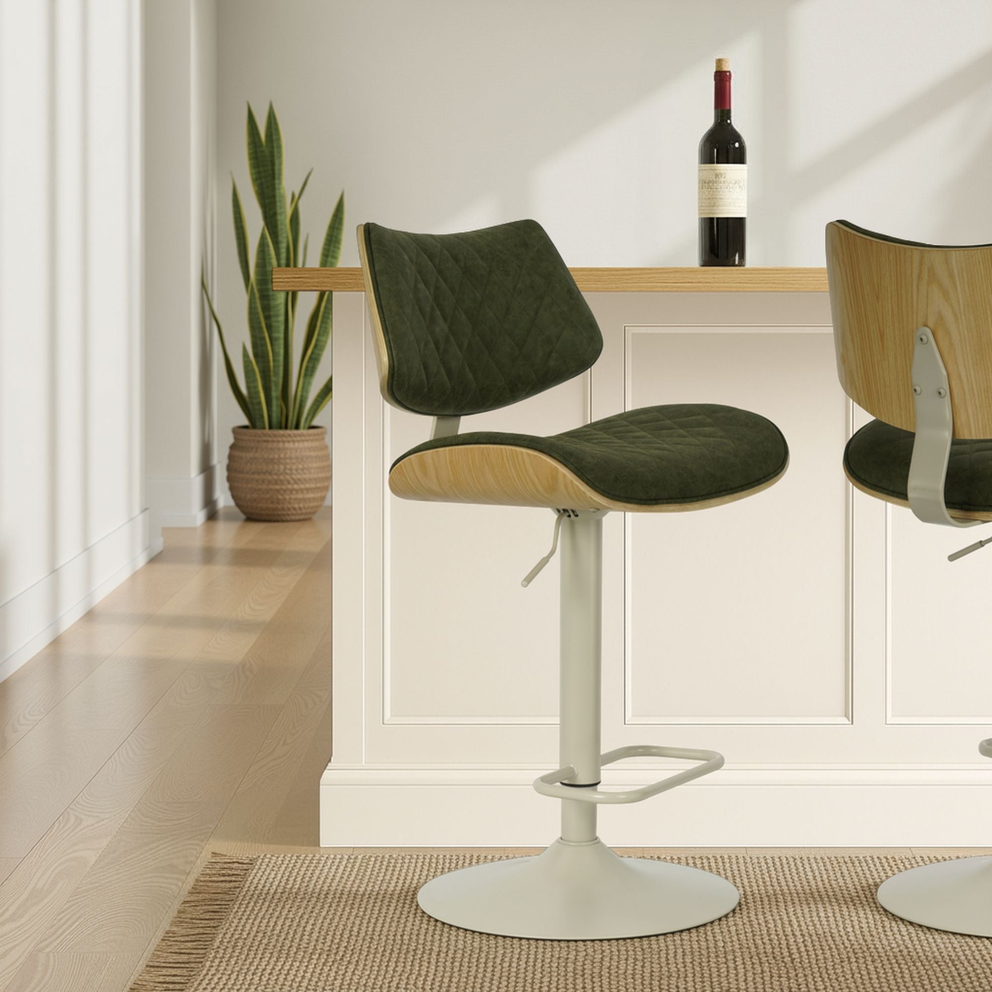 Leland - Adjustable Swivel Curved Back Wood Bar Stool With Faux Leather Seat