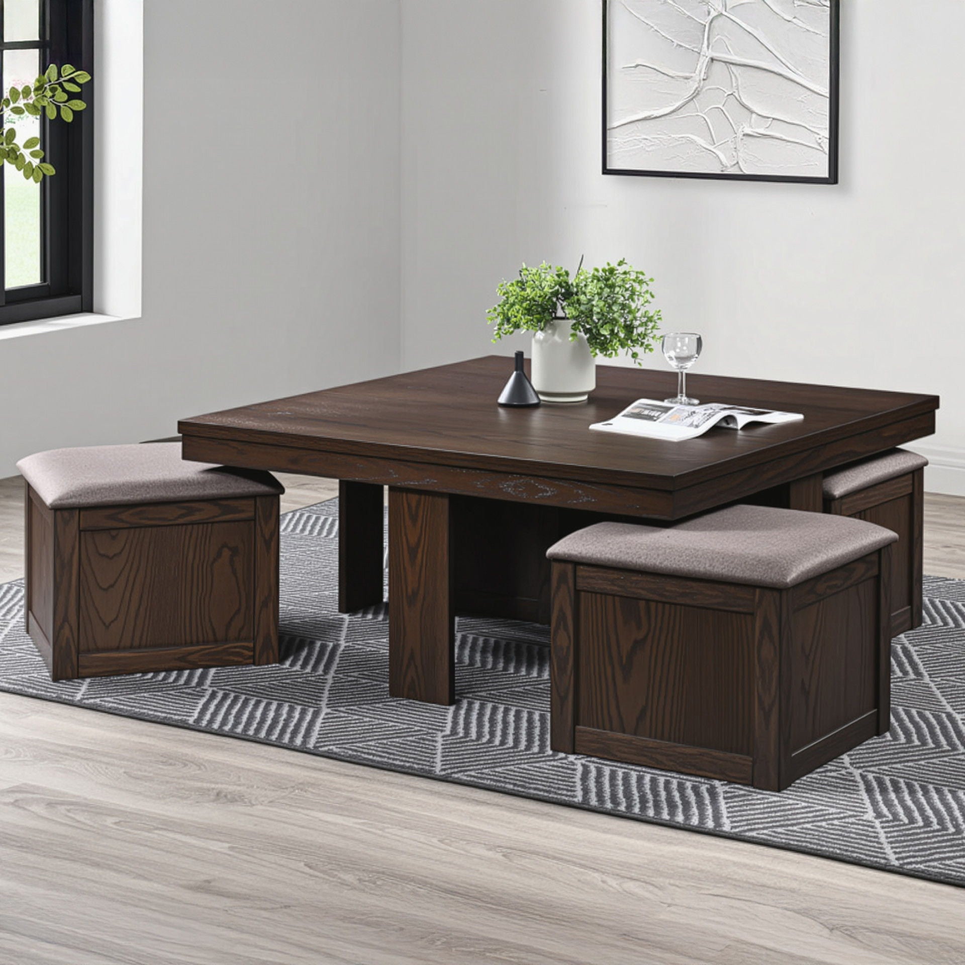 Paxton - 5 Piece Living Room Set (Storage Coffee Table With 4 Tuck-In Ottomans) - Dark Brown