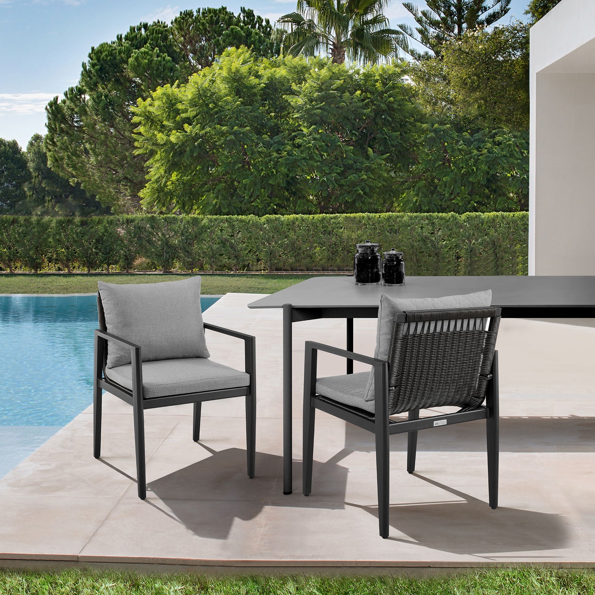 Cayman - Outdoor Patio Dining Chairs With Arms In Aluminum With Gray Cushions - (Set Of 2)