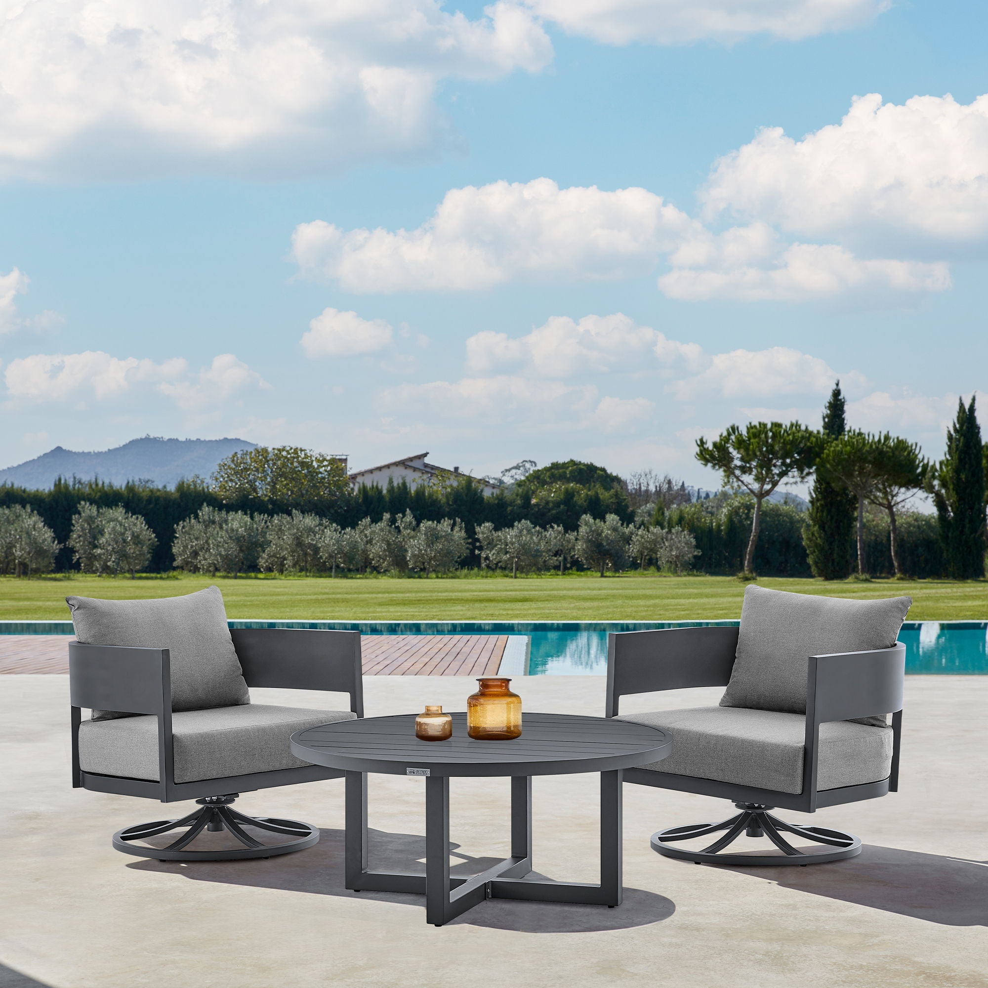 Argiope - 3 Piece Patio Outdoor Swivel Seating Set - Dark Gray Aluminum With Gray Cushions