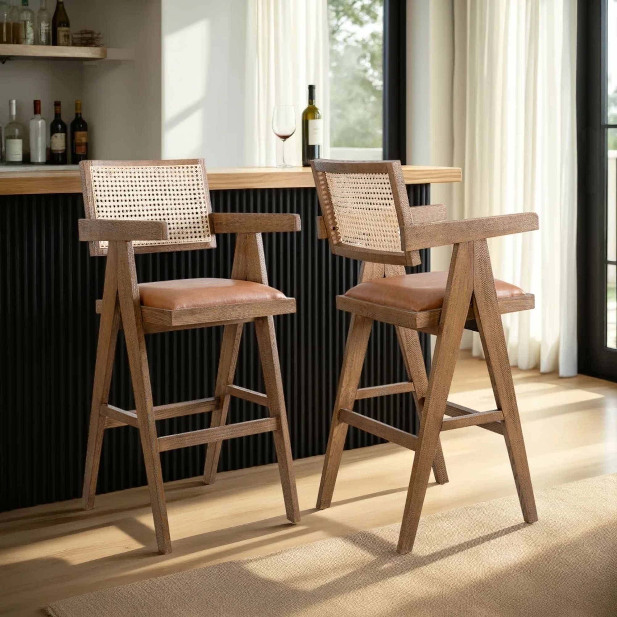 Harley - Nutmeg Brown Solid Wood And Rattan Upholstered 30" Bar Height Barstool