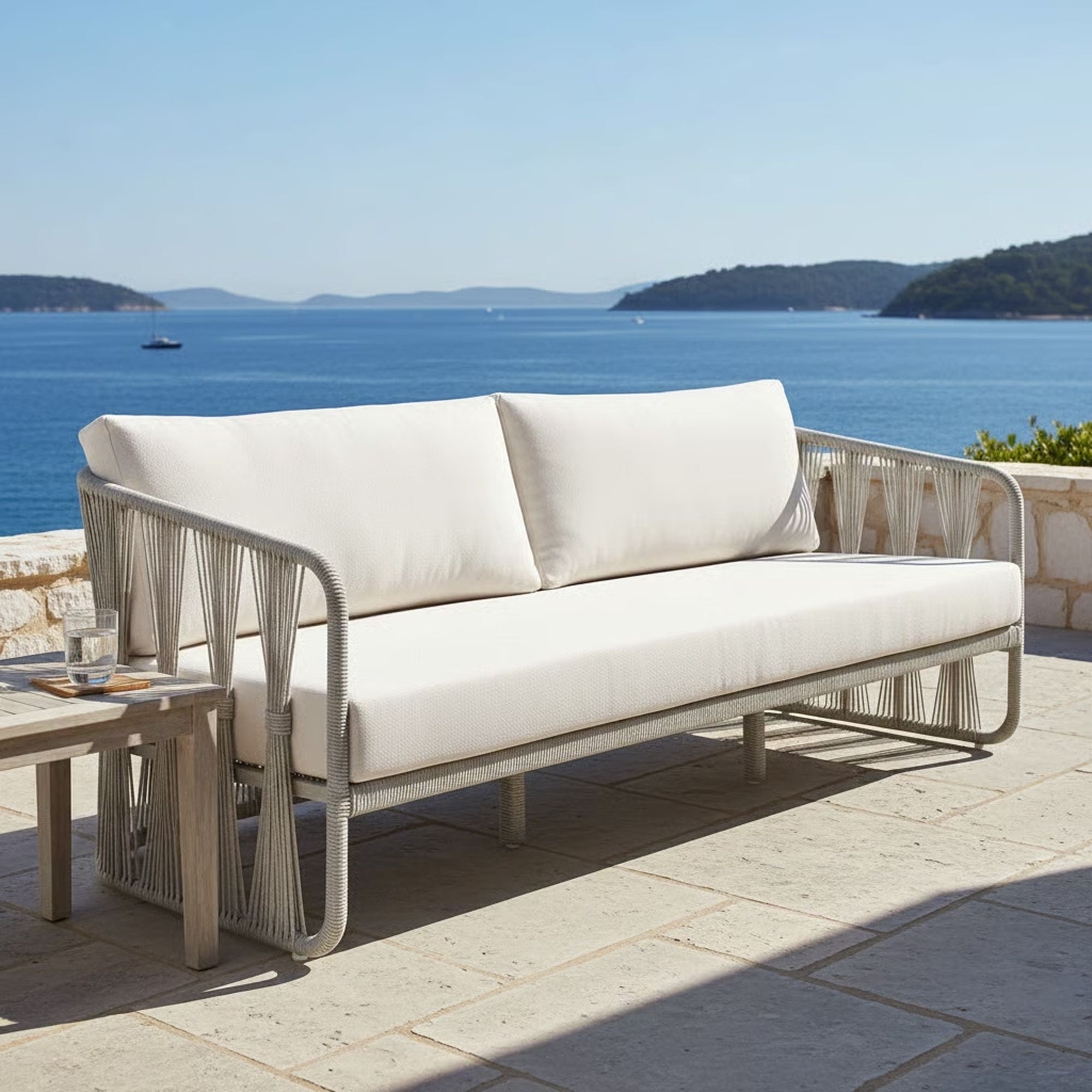 Breeze - Metal Outdoor Sofa With Cushions - Pearl / Cream