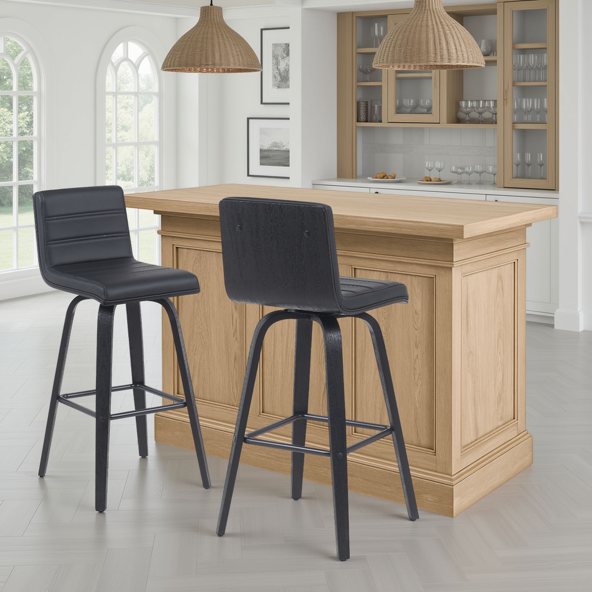 Vienna - Modern Swivel Bar Height Stool - Black Brushed Wood Frame