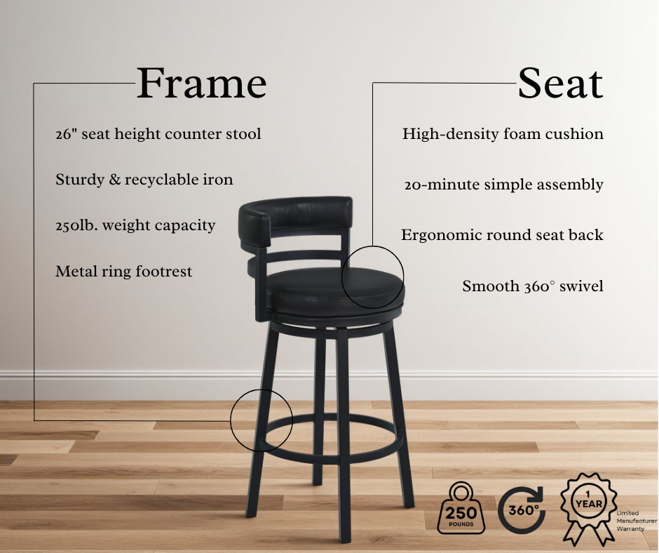 Madrid - 26" Counter Height Metal Swivel Barstool - Ford Black Pu And Black Finish
