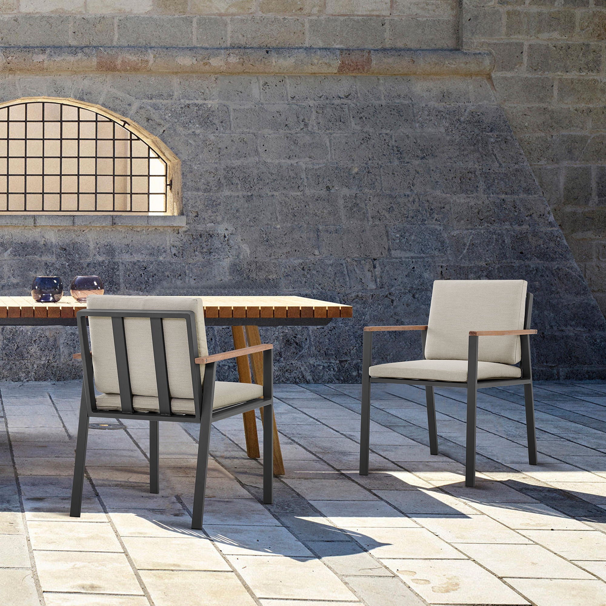 Nofi - Outdoor Patio Dining Chair With Cushions (Set of 2) - Charcoal / Taupe