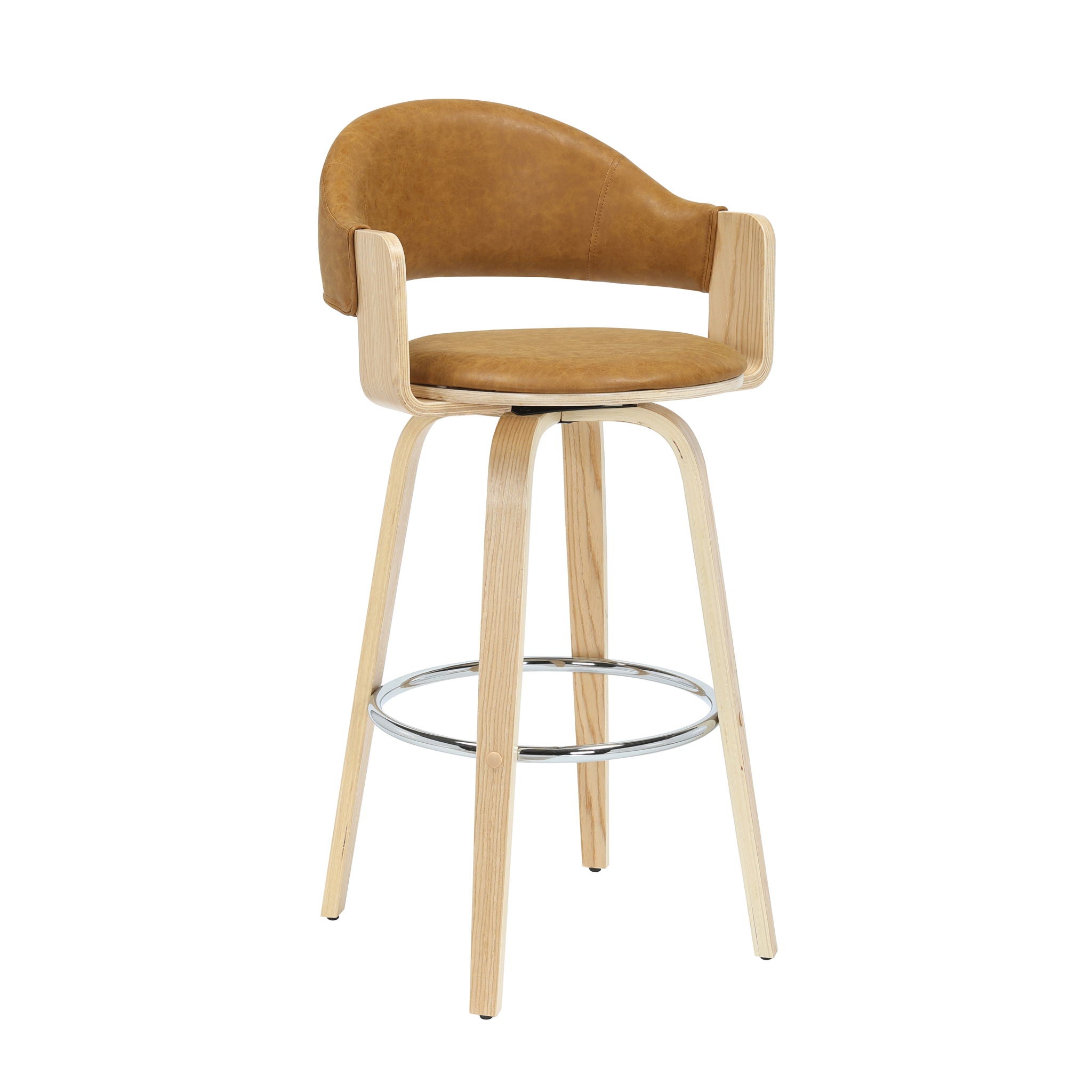 Daxton - Swivel Bar Height Round Back Wood Bar Stool With Faux Leather Seat