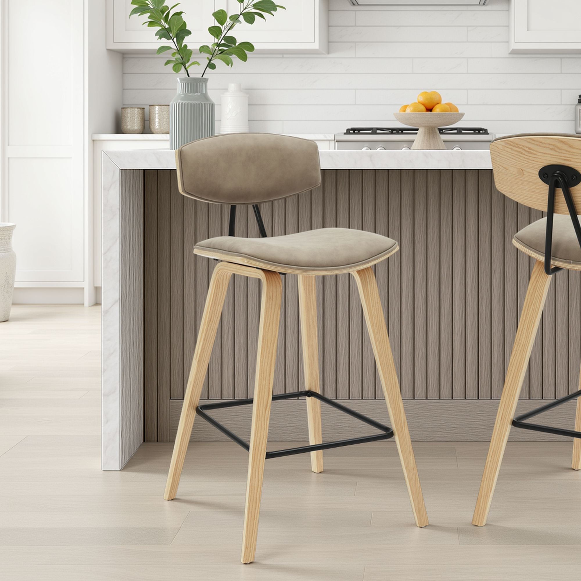 Fox - Counter Height Curved Back Wood Bar Stool With Faux Leather Seat