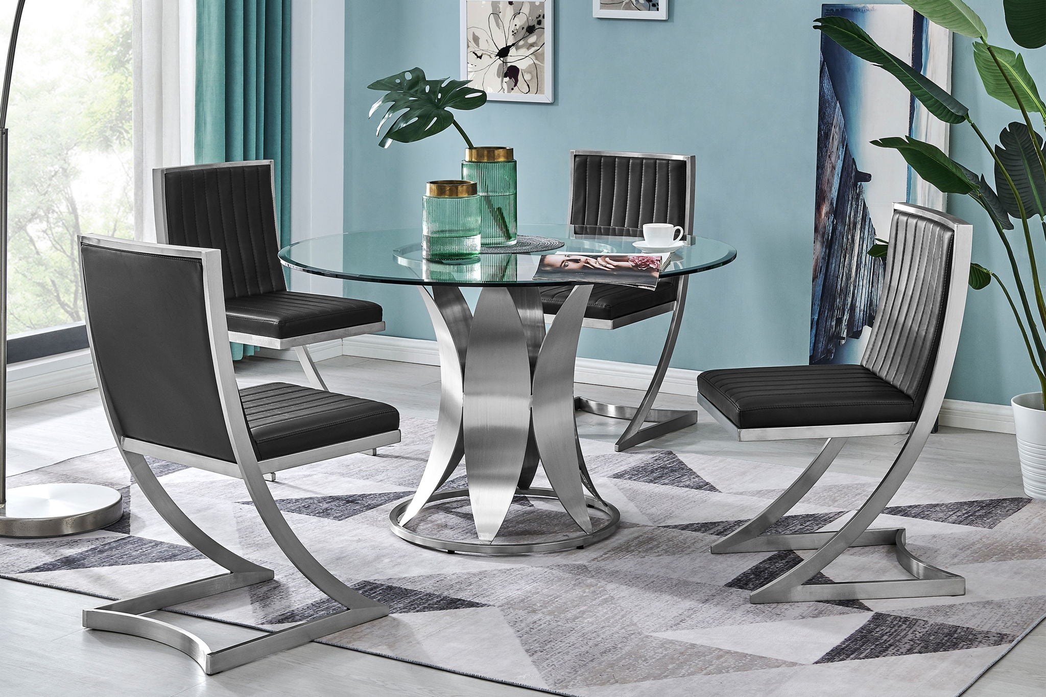 Petal - Modern Glass Round Pedestal Dining Table - Brushed Stainless Steel