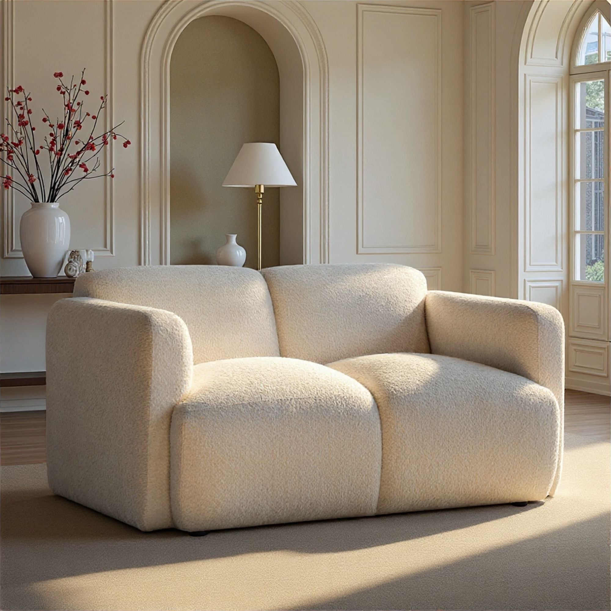 Sierra - Boucle Fabric Loveseat With Rounded Arms - Ivory