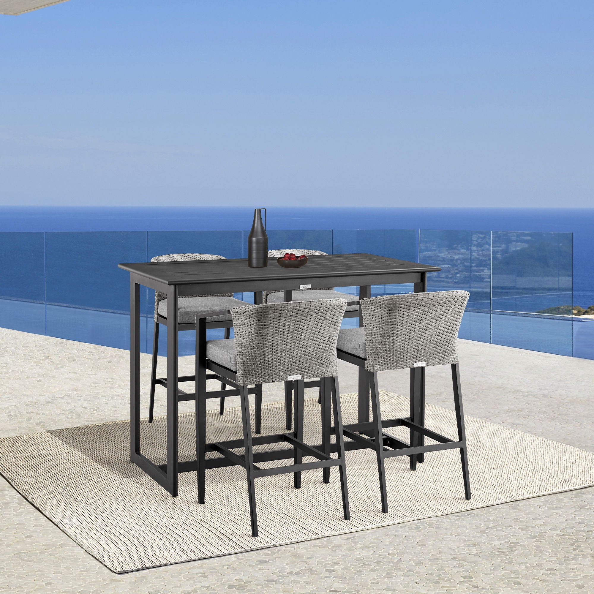 Palma - Outdoor Patio Bar Stool In Aluminum And Wicker With Gray Cushions