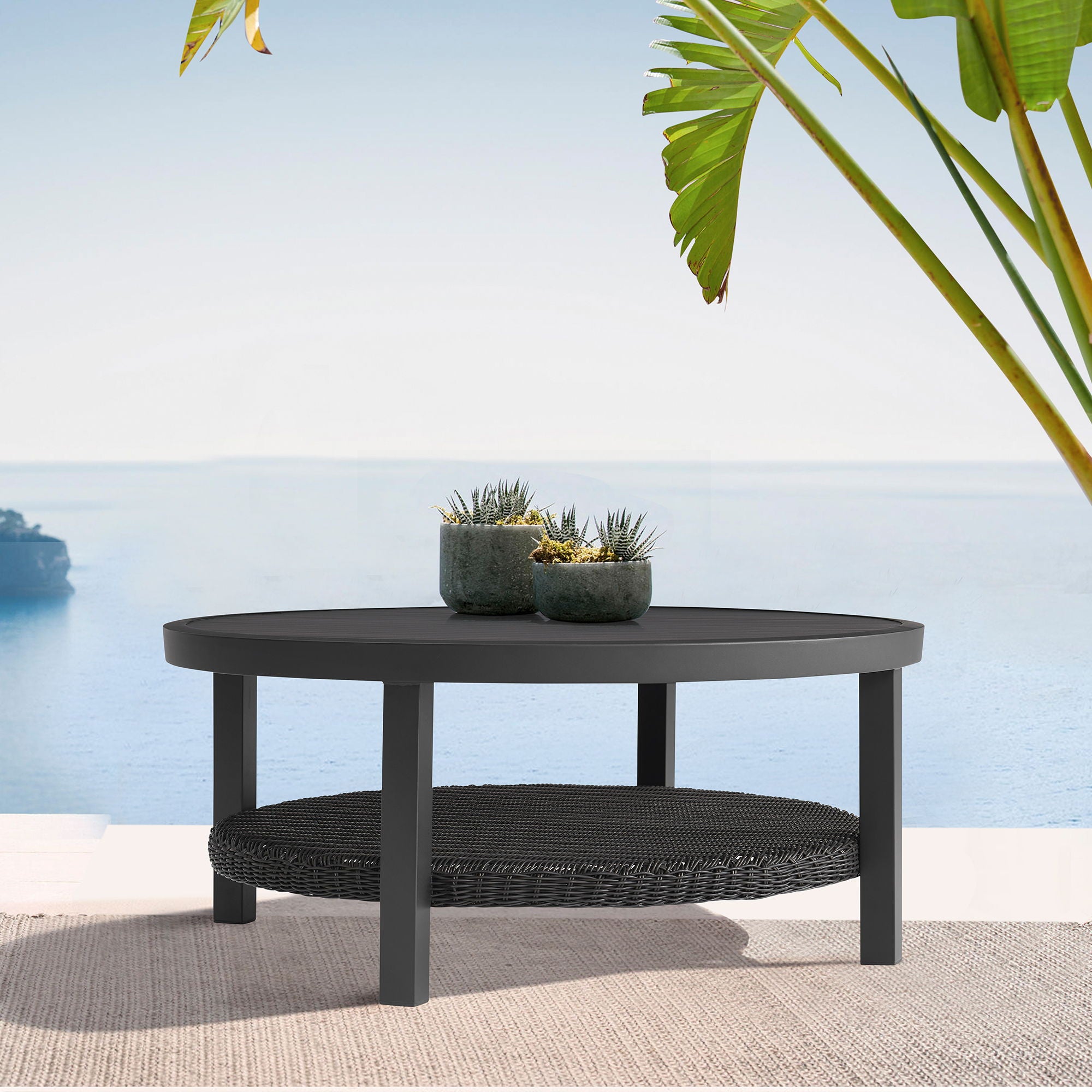 Cayman - Outdoor Round Conversation Table With Wicker Shelf - Black