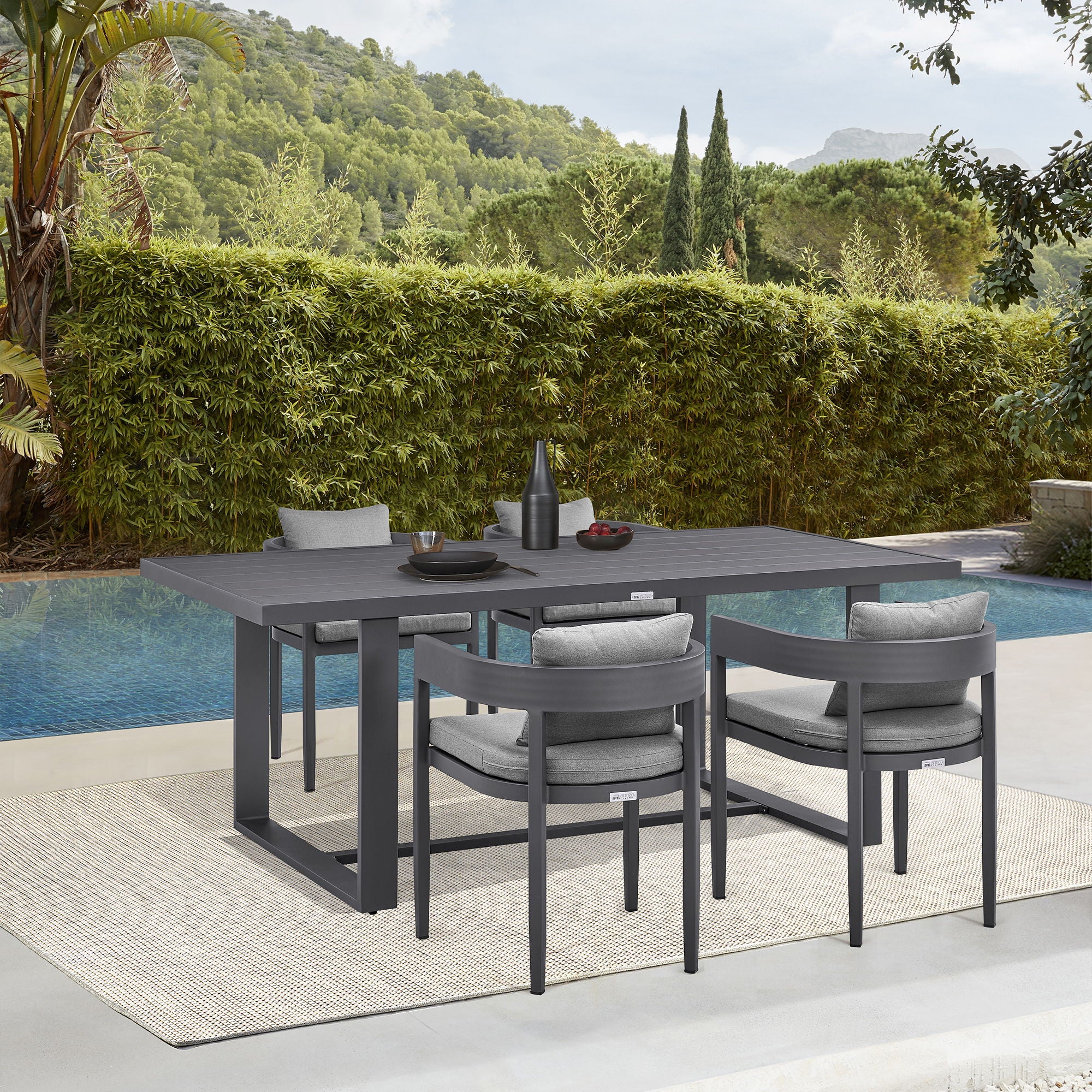 Menorca - Outdoor Patio 5-Piece Dining Table Set In Aluminum With Gray Cushions