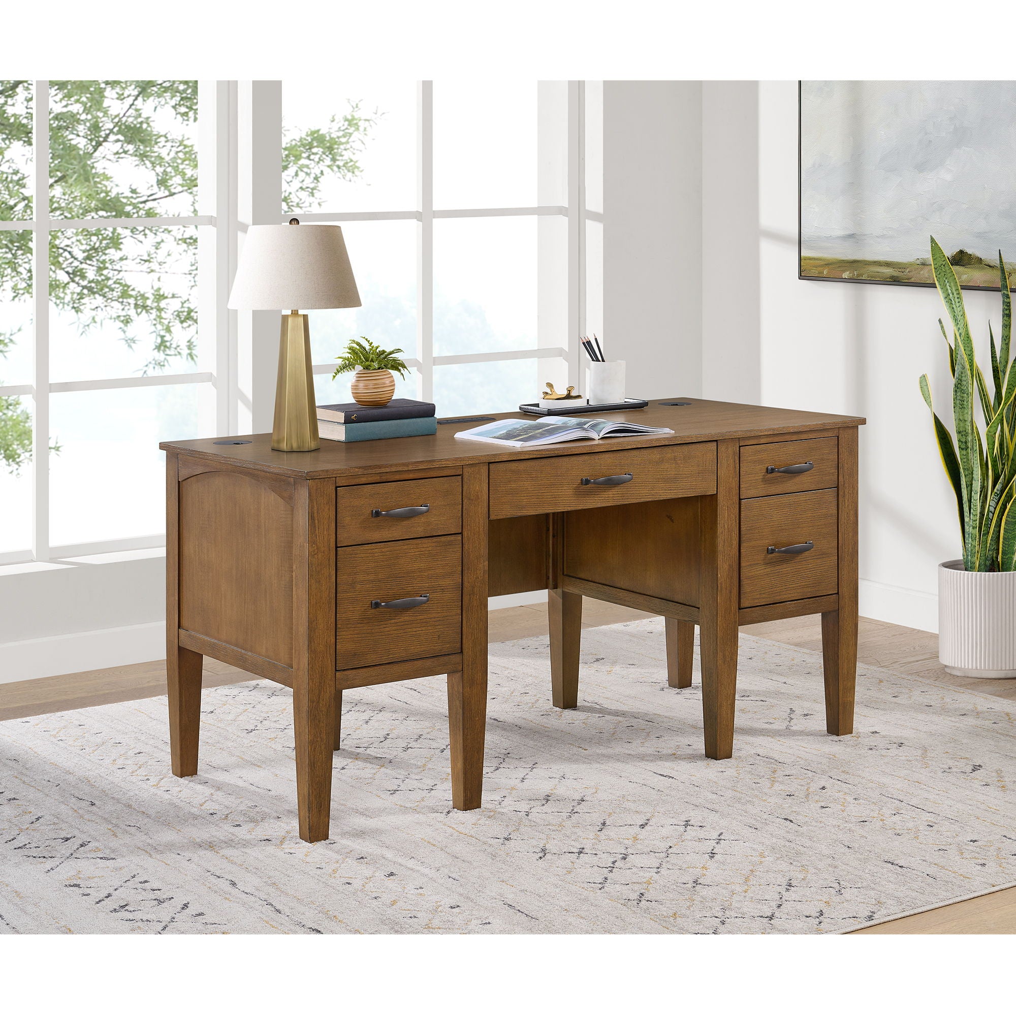 Portico - Half Pedestal Desk With Power / USB - Brown Oak