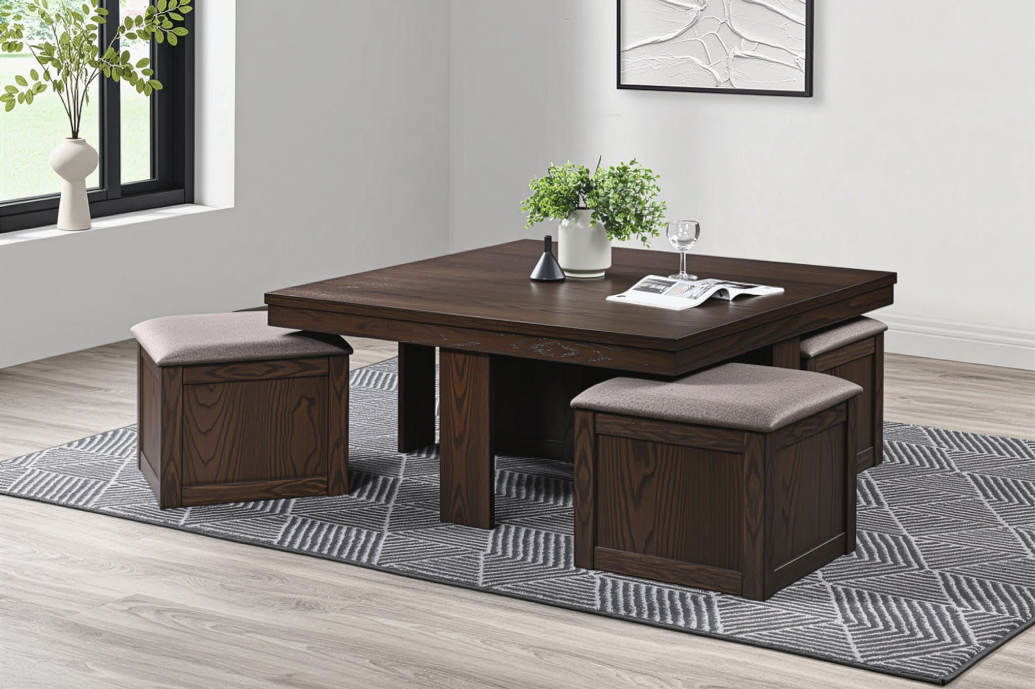 Paxton - 5 Piece Living Room Set (Storage Coffee Table With 4 Tuck-In Ottomans) - Dark Brown