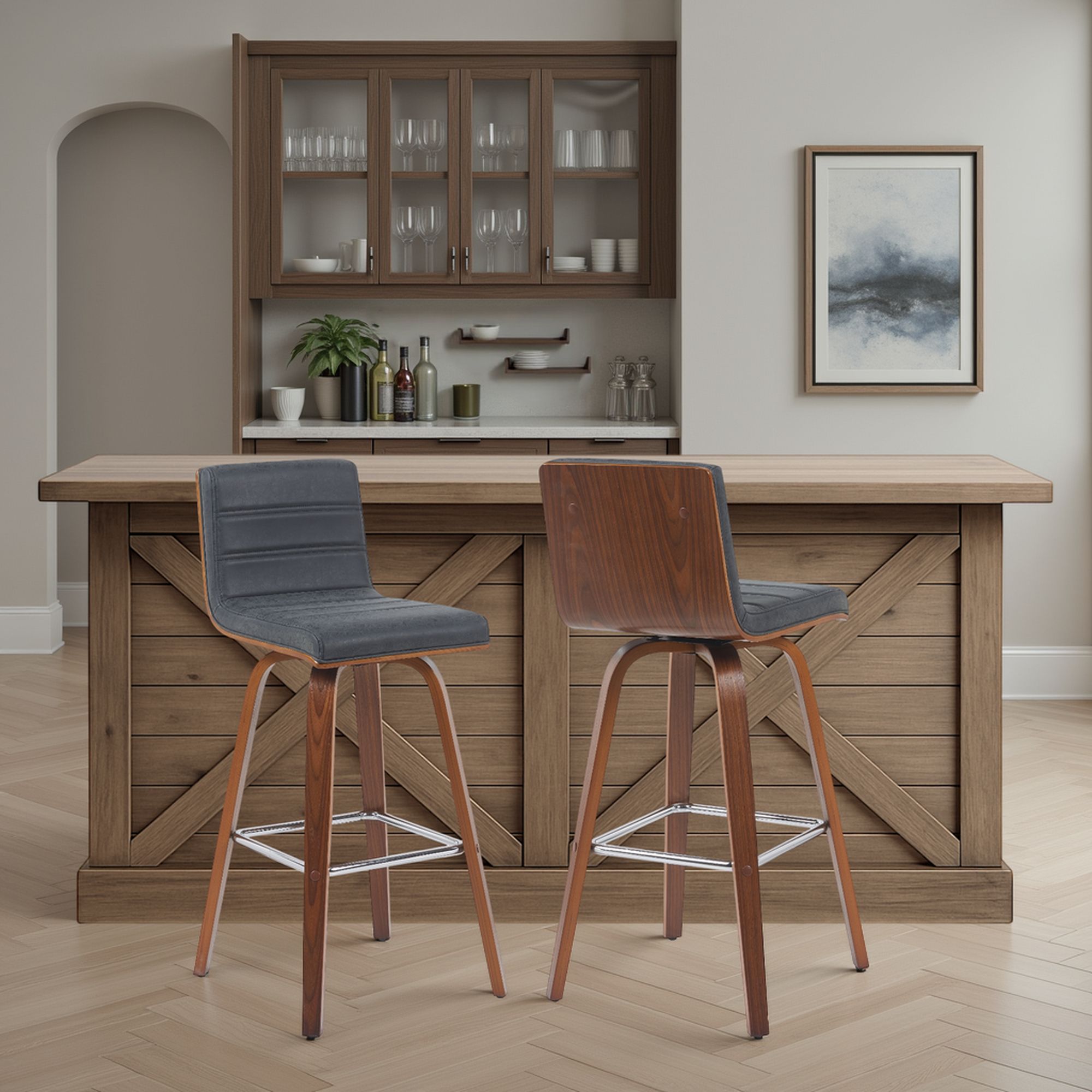 Vienna - Modern Swivel Bar Height Stool - Walnut Finished Wood Frame