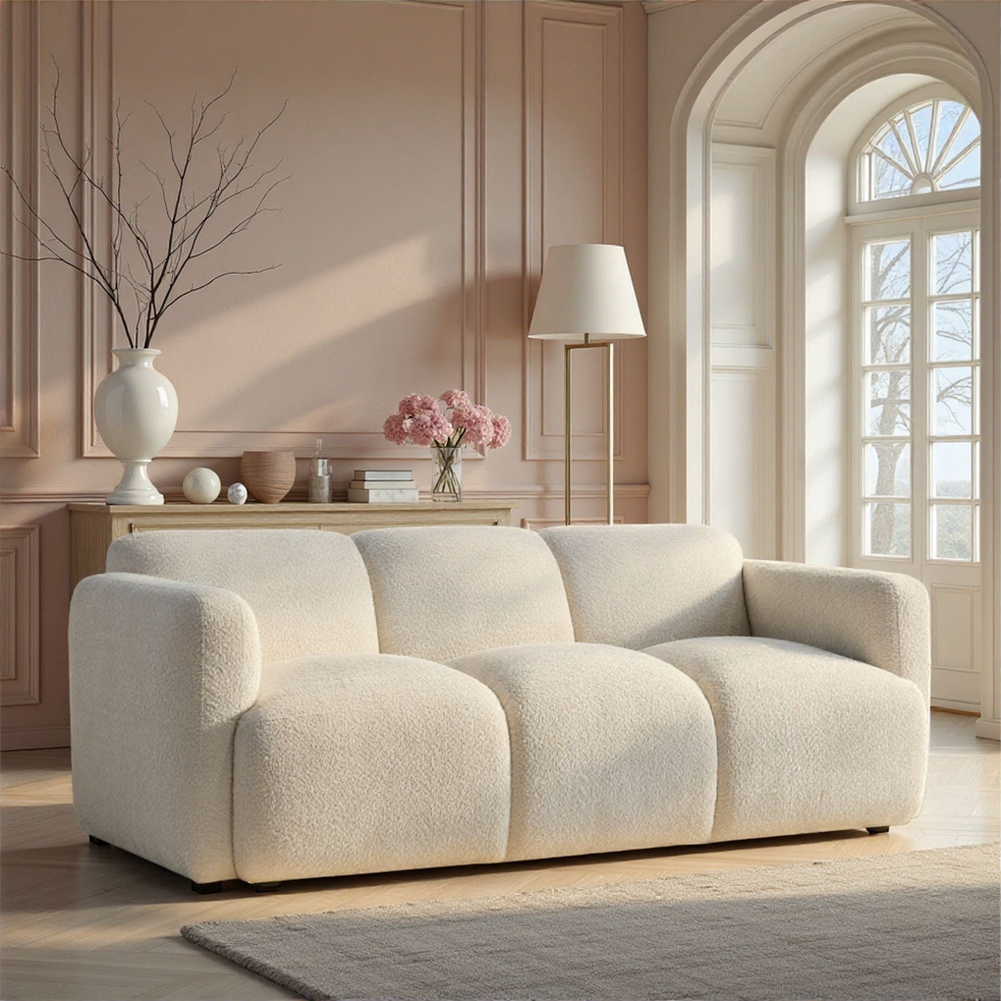 Sierra - Boucle Fabric Sofa With Rounded Arms - Ivory