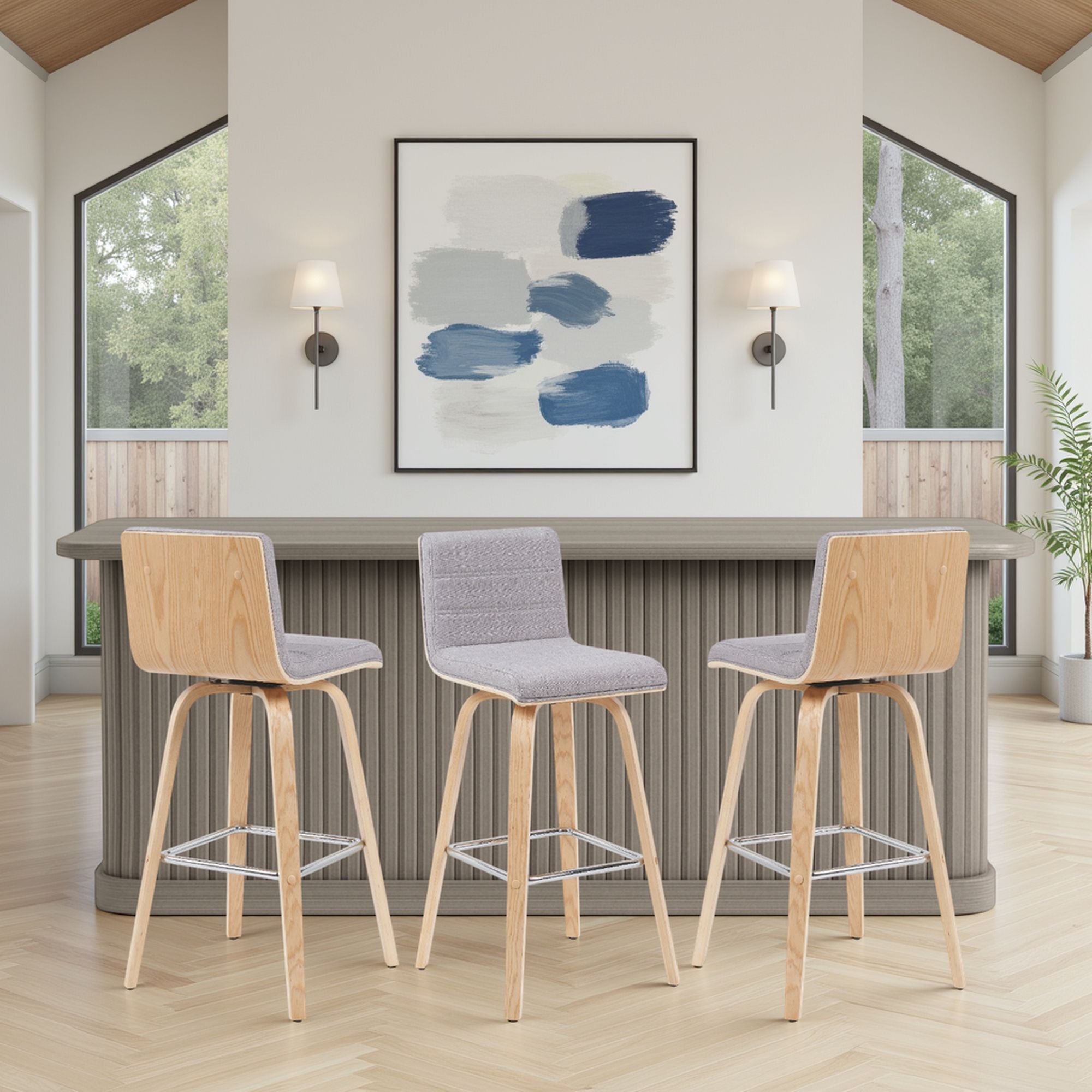 Vienna - Modern Swivel Bar Height Stool - Patterned Oak Wood Frame