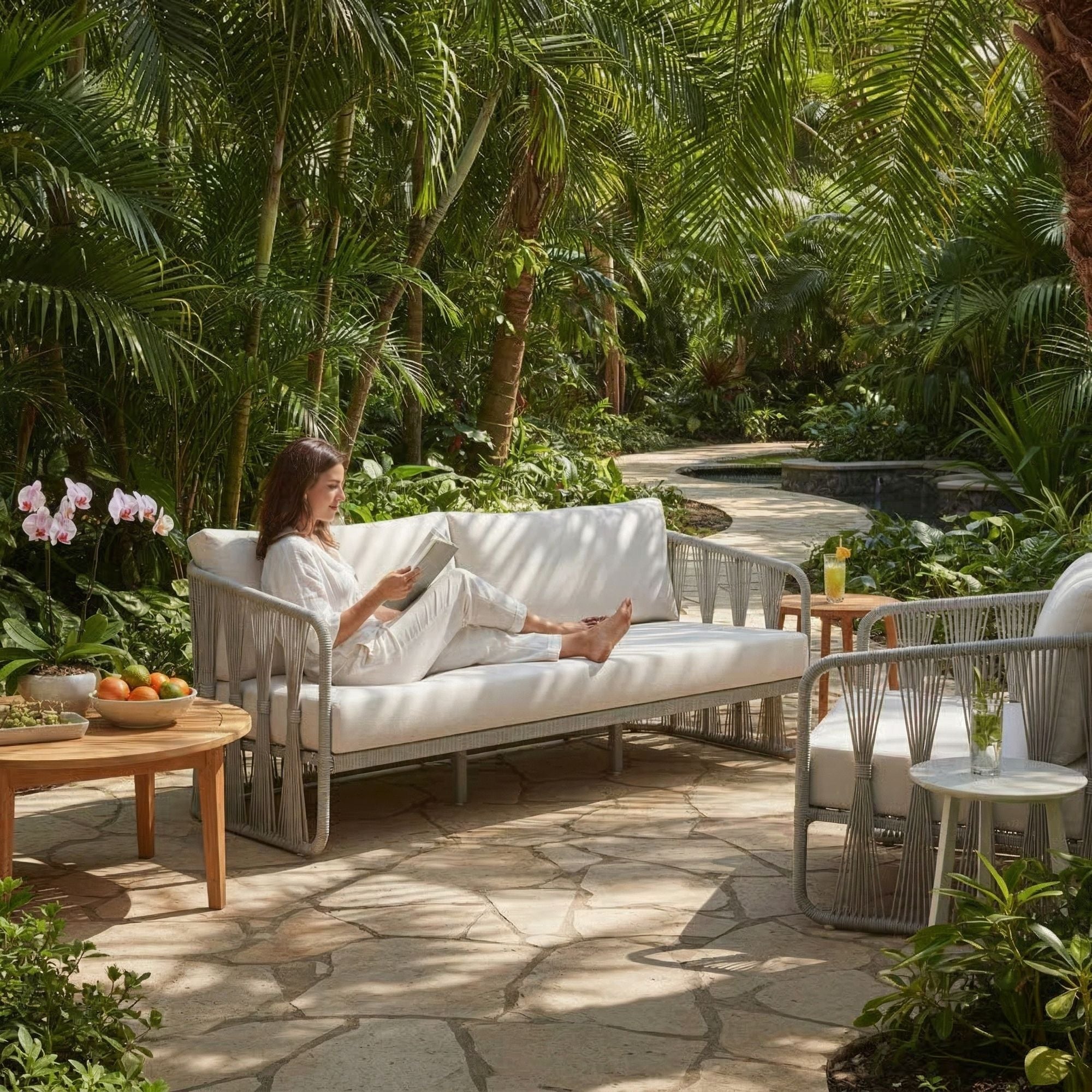 Breeze - Metal Outdoor Sofa With Cushions - Pearl / Cream