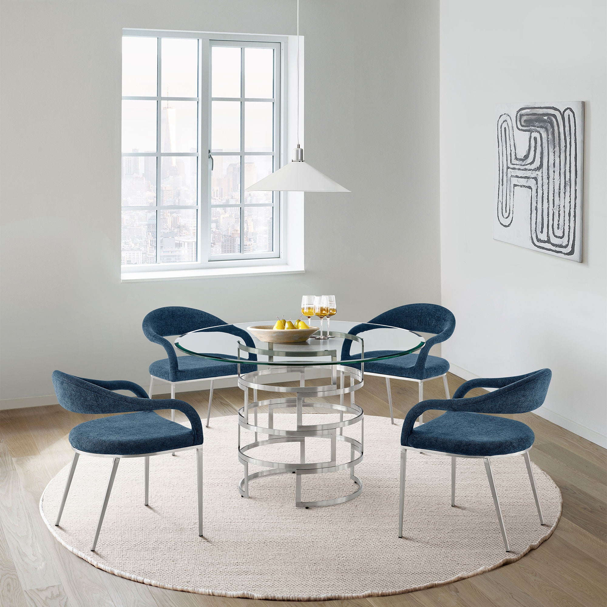 Armen Living Morgan Upholstered Dining Chair with Matte Black Iron and Blue Fabric - Thumbnail 3