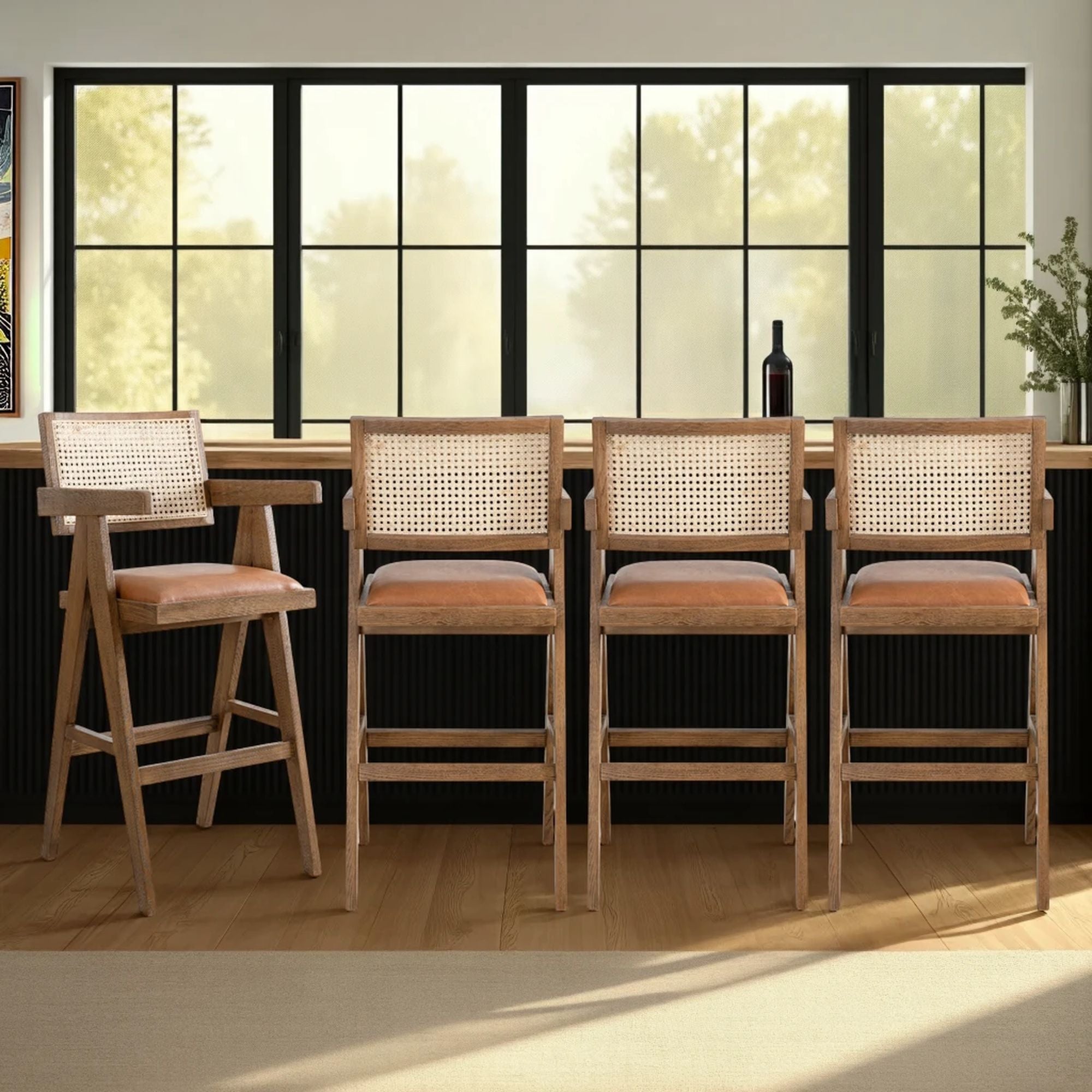 Harley - Nutmeg Brown Solid Wood And Rattan Upholstered 30" Bar Height Barstool
