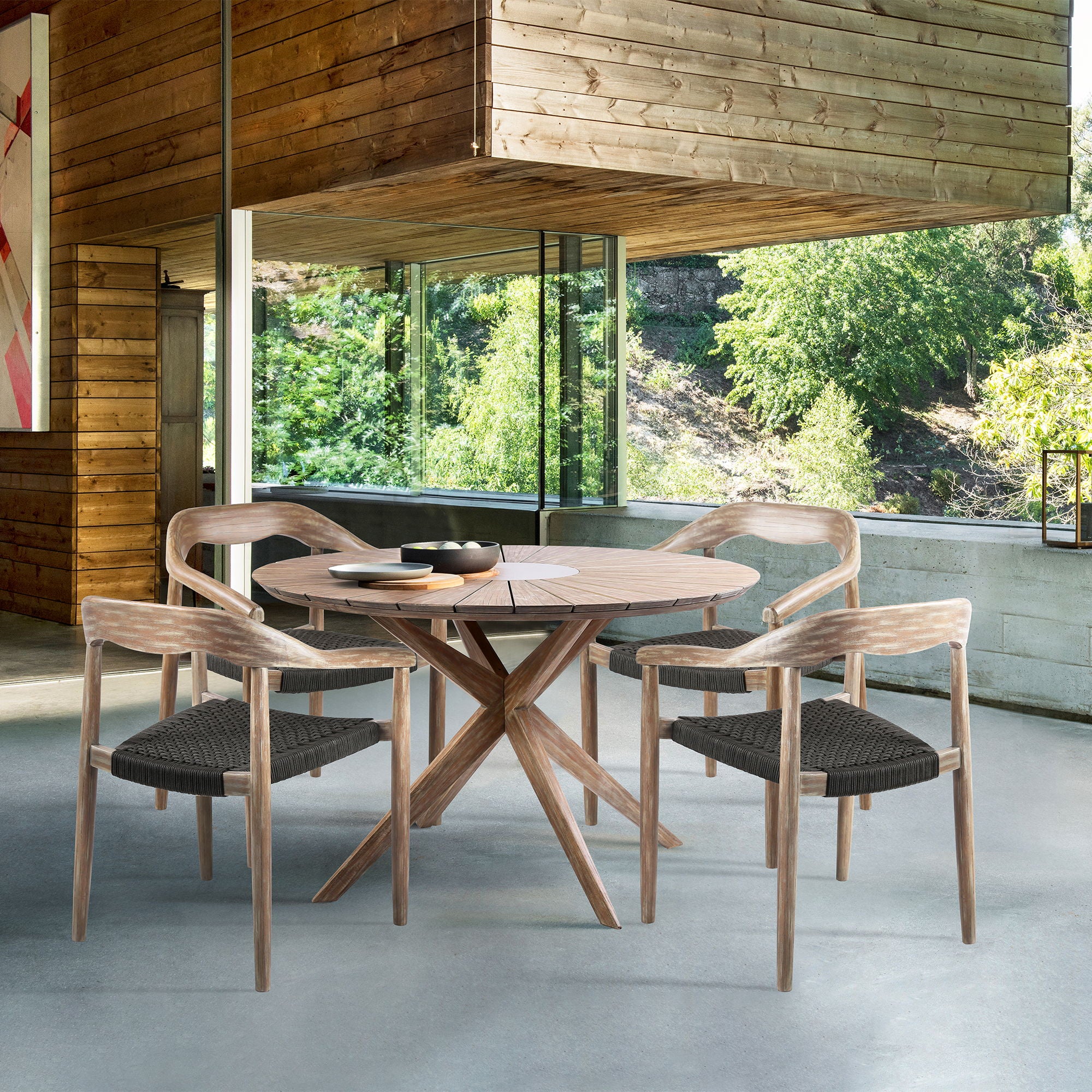 Oasis Santo - 5 Piece Outdoor Patio Round Dining Set - Eucalyptus / Charcoal