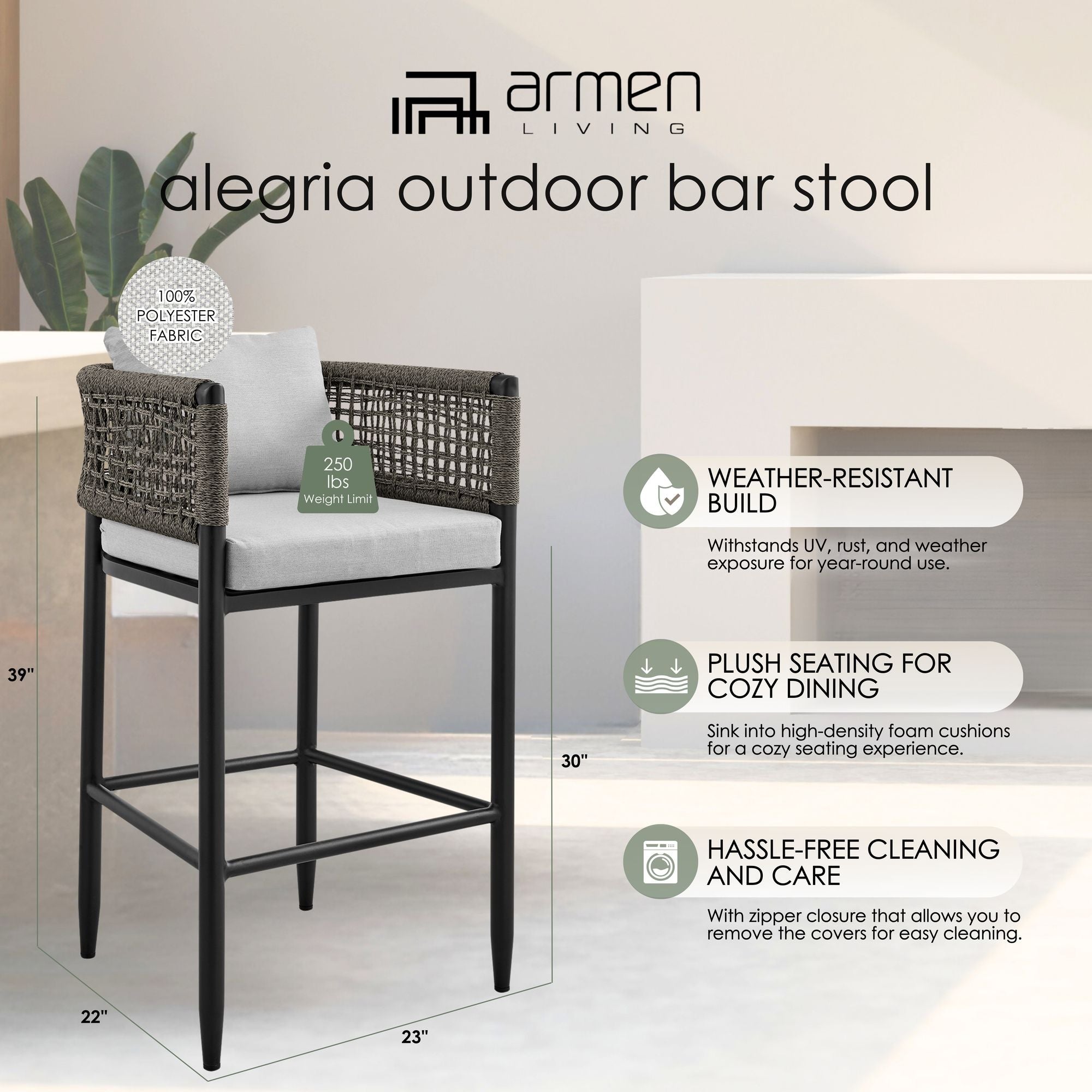 Alegria - Outdoor Patio Bar Stool With Cushions