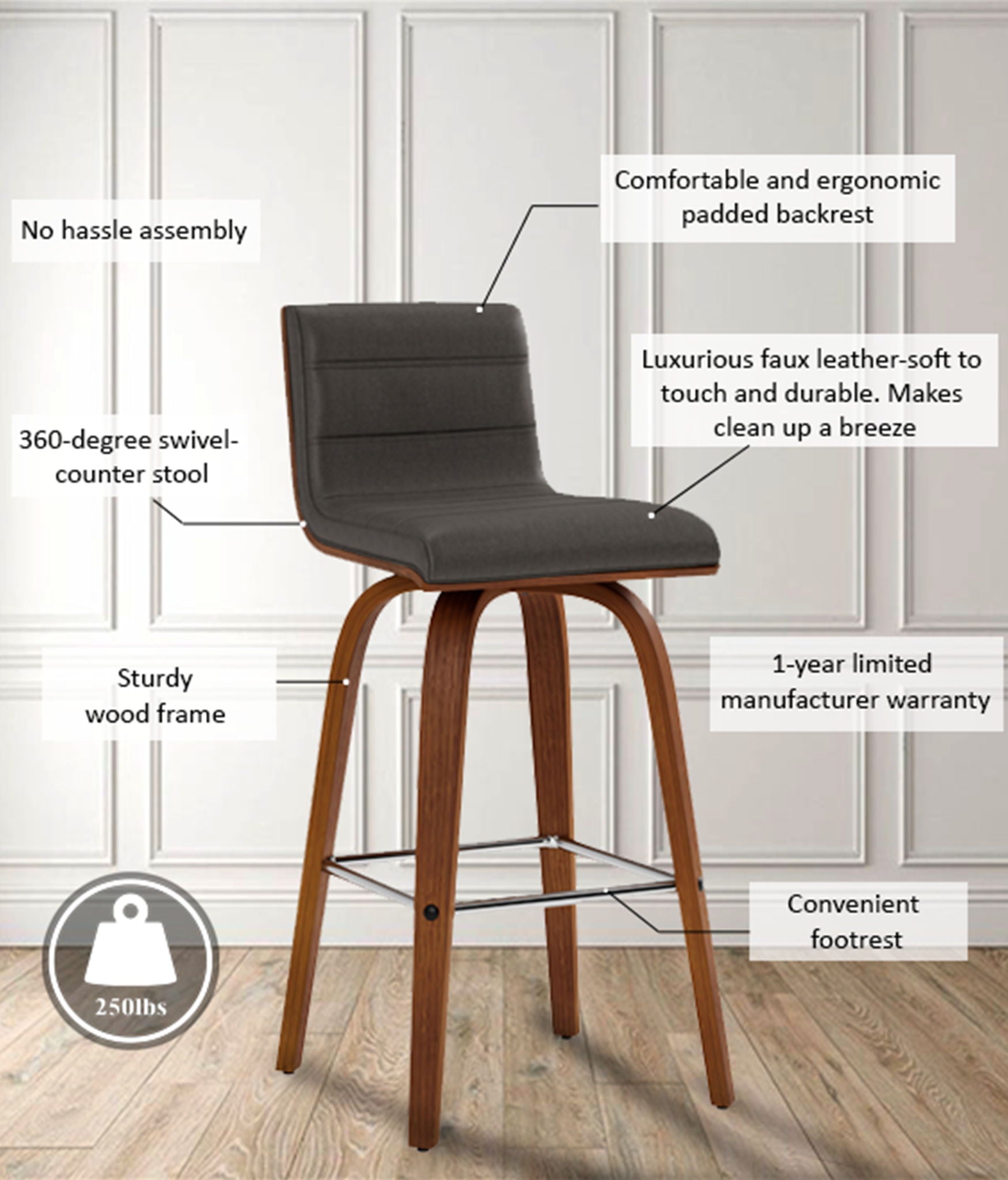 Vienna - 26" Swivel Counter Stool - Walnut Wood