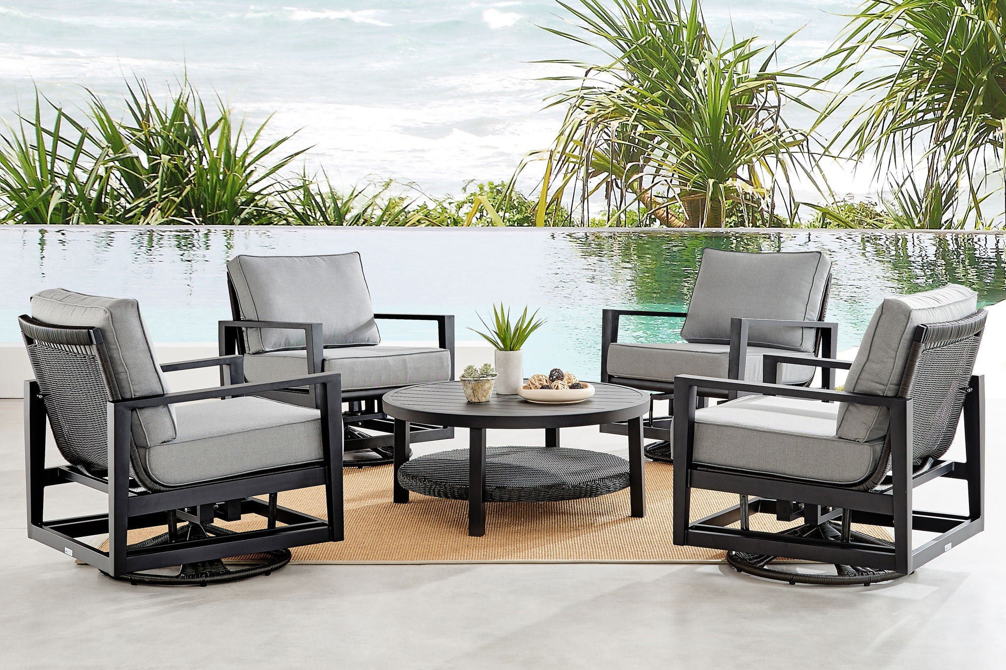Cayman - Outdoor Round Conversation Table With Wicker Shelf - Black