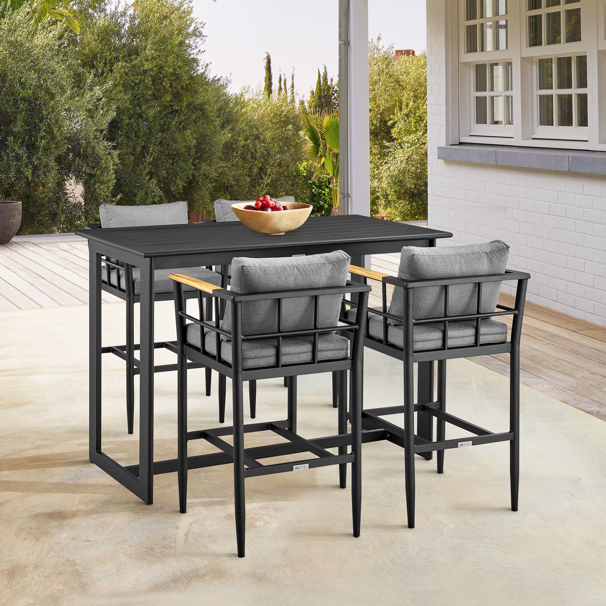 Orlando - Outdoor Patio 5-Piece Bar Table Set In Aluminum With Gray Cushions