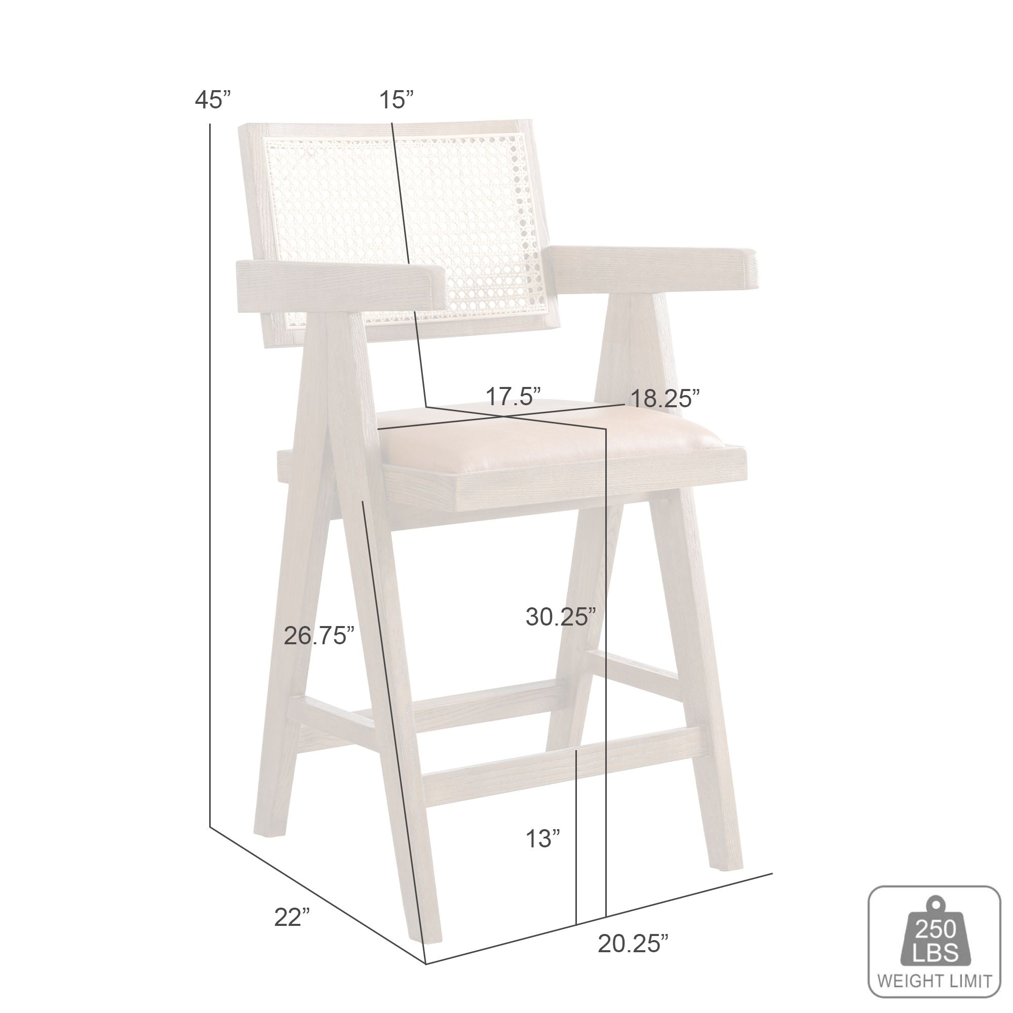 Harley - Nutmeg Brown Solid Wood And Rattan Upholstered 30" Bar Height Barstool