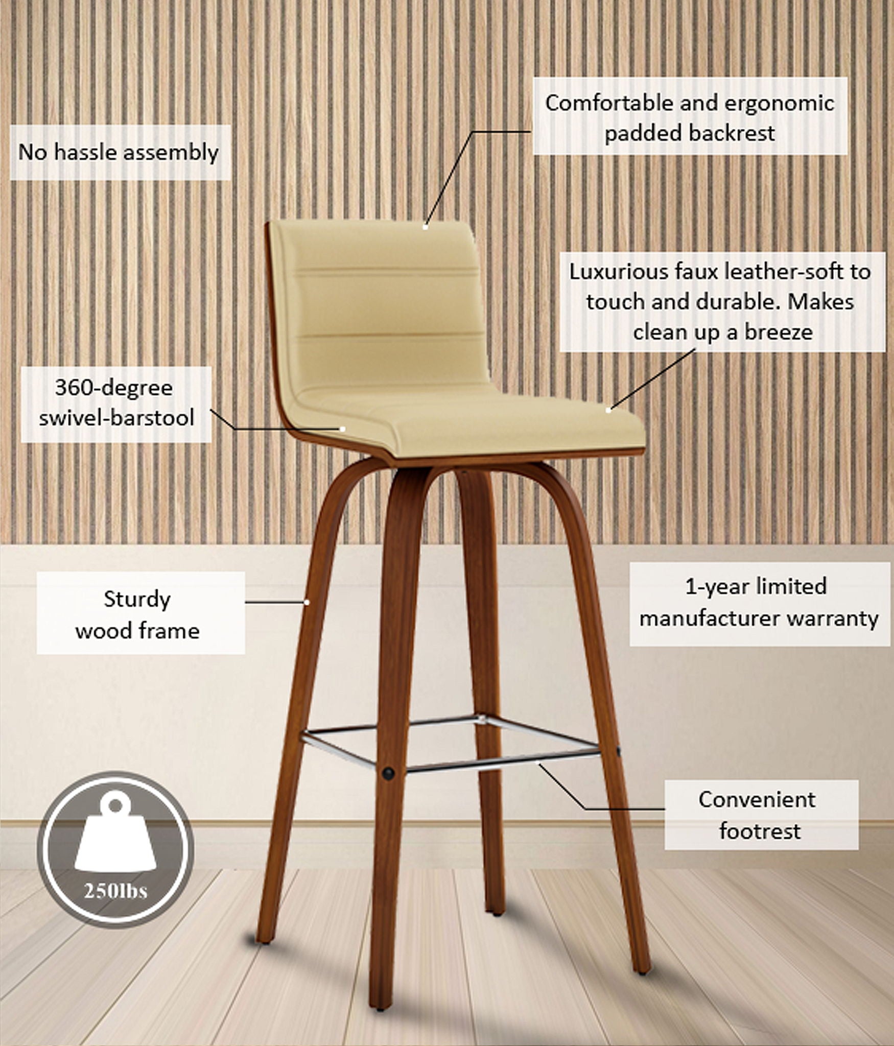 Vienna - 30" Swivel Bar Stool - Walnut Wood