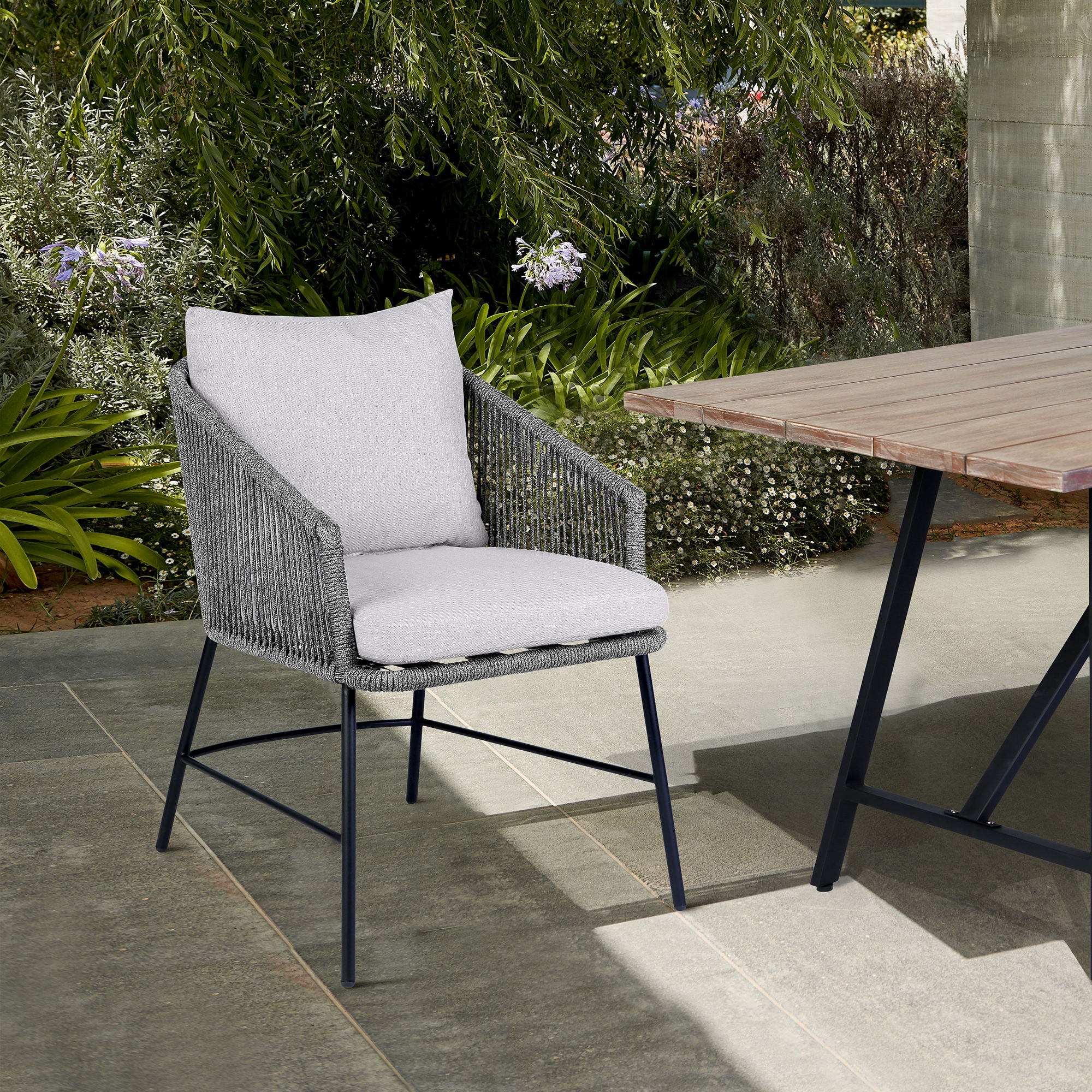 Calica - Outdoor Patio Dining Chair - Black Metal And Gray Rope
