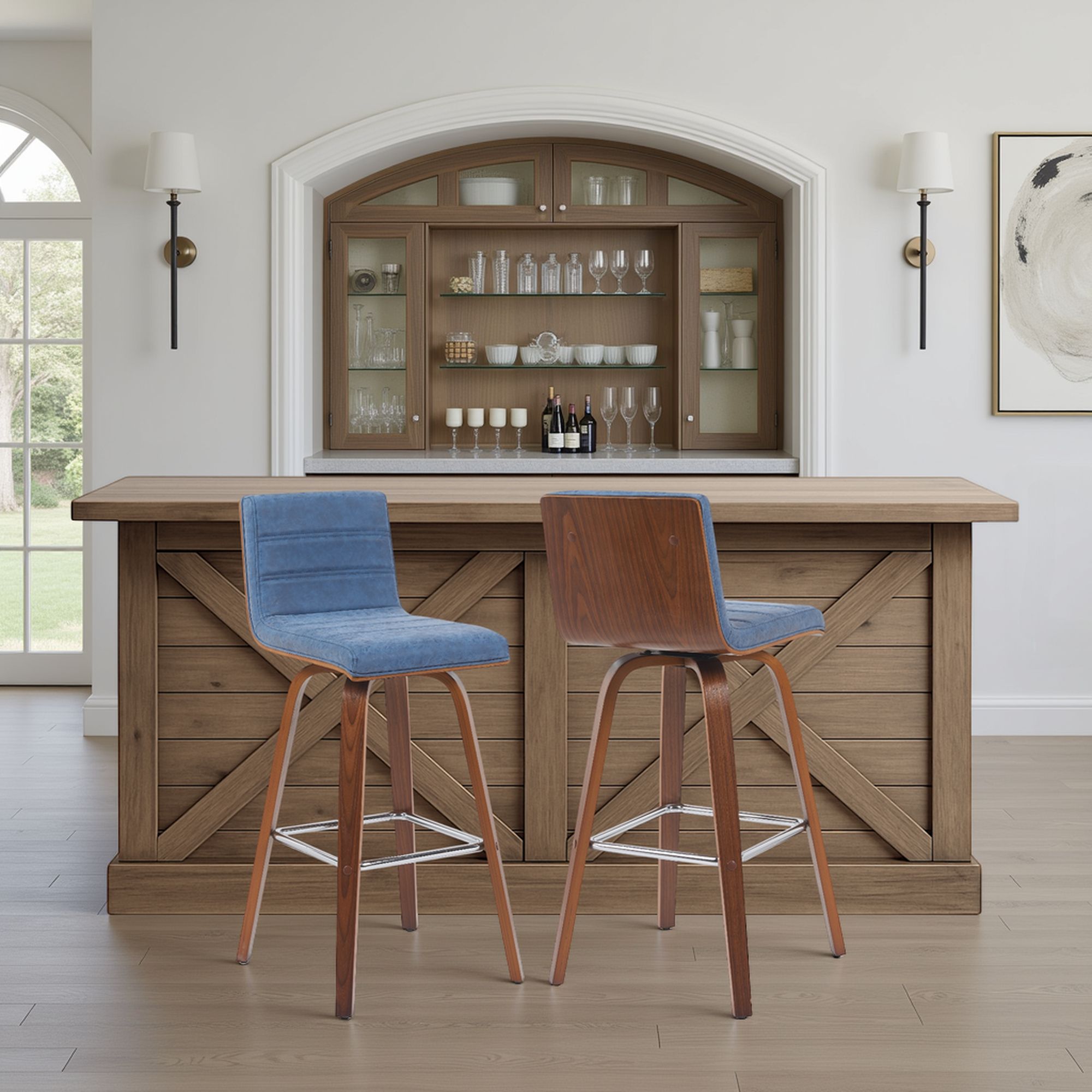 Vienna - Modern Swivel Bar Height Stool - Walnut Finished Wood Frame