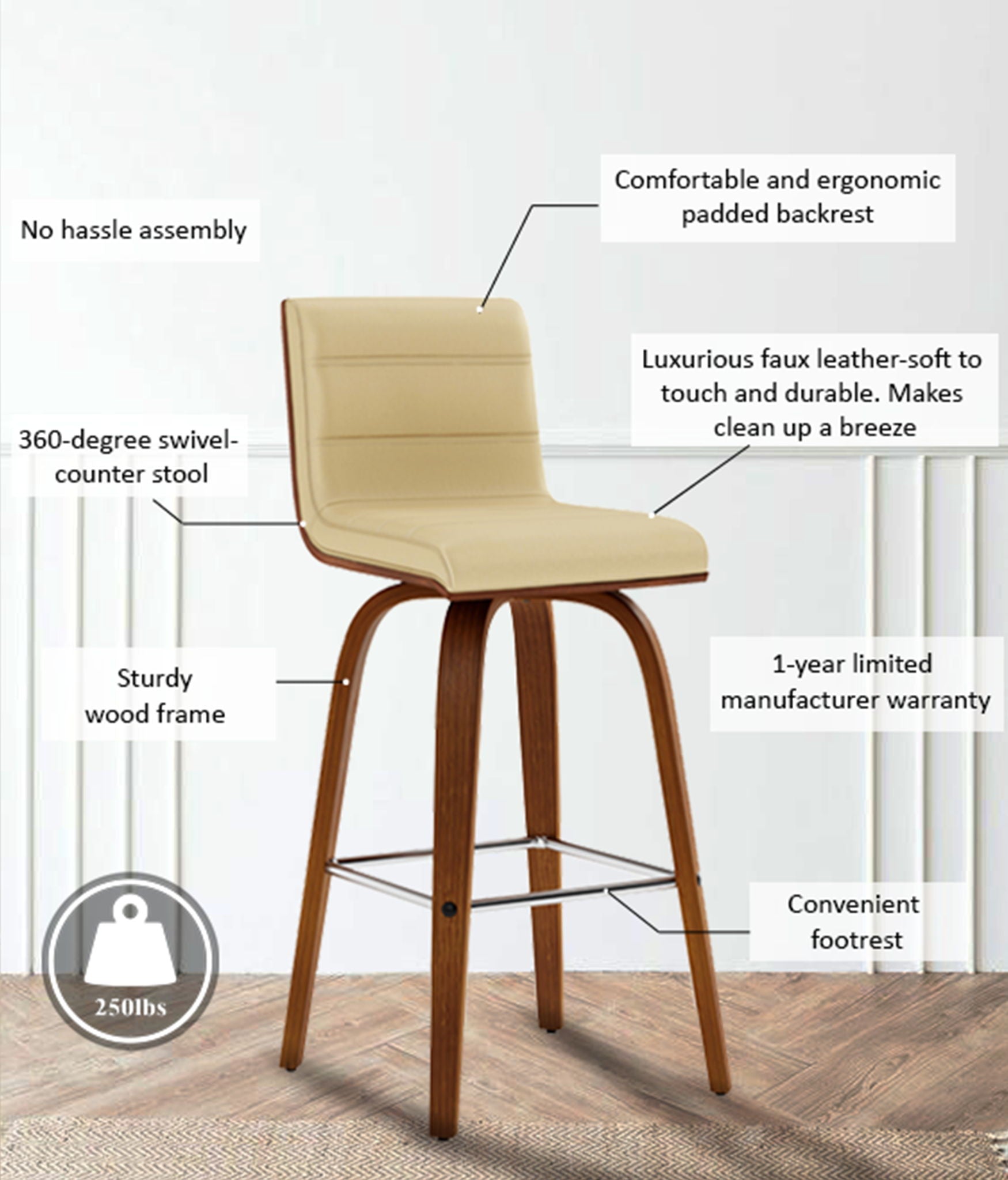 Vienna - 26" Swivel Counter Stool - Walnut Wood