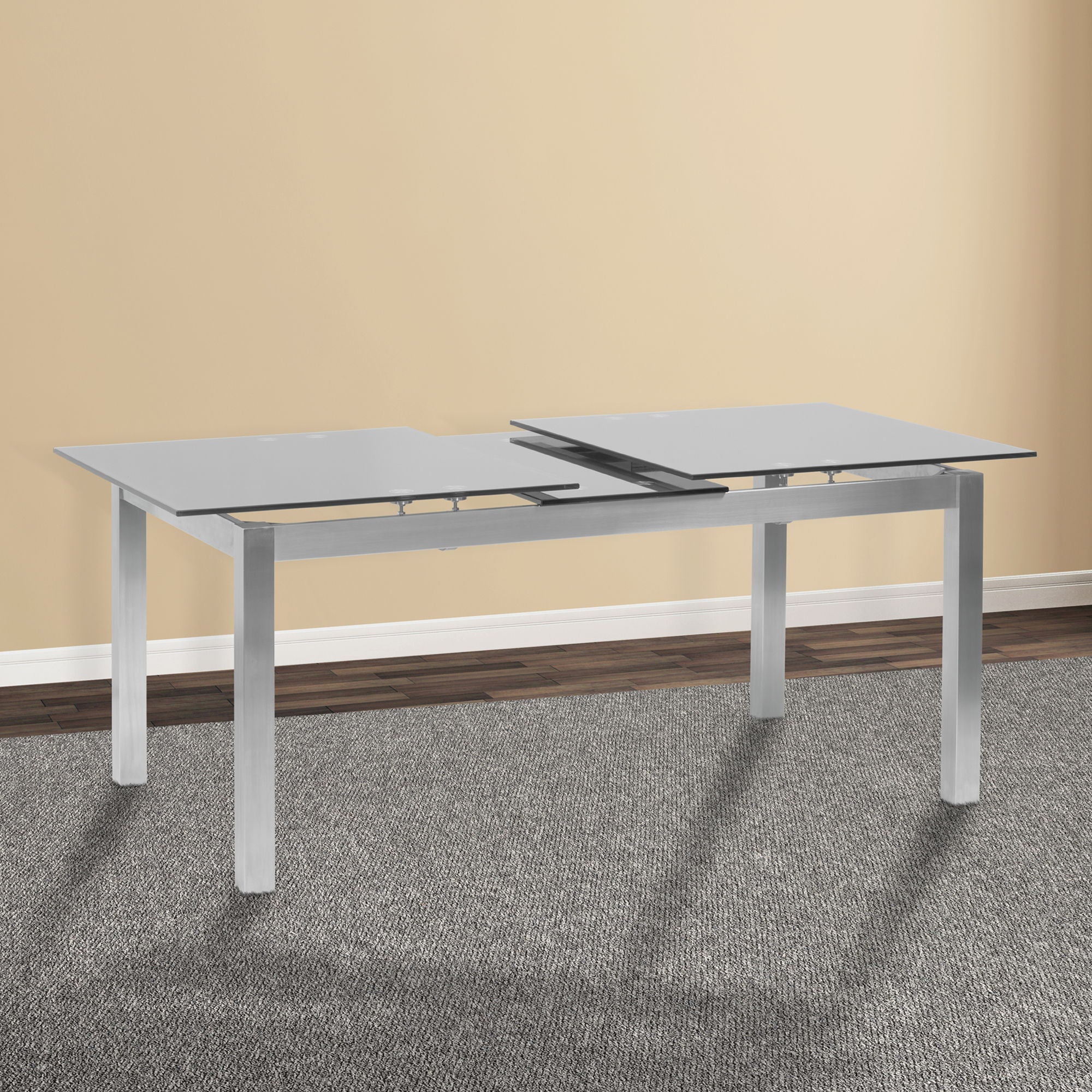 Ivan - Dining Table With Extensions, Tempered Glass Top - Brushed Silver / Gray