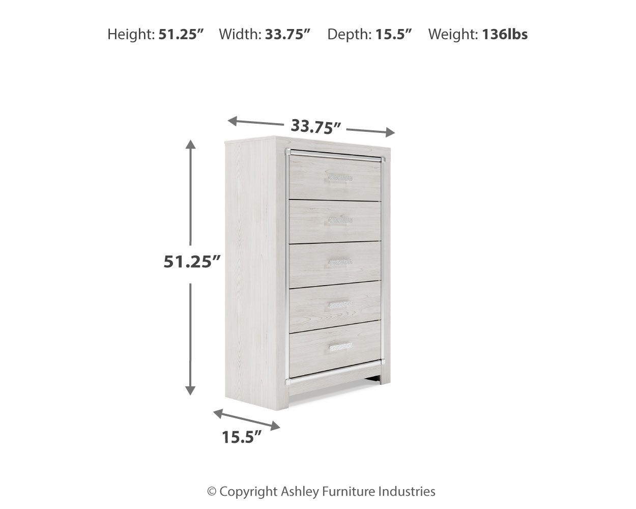 Altyra - Five Drawer Chest - White