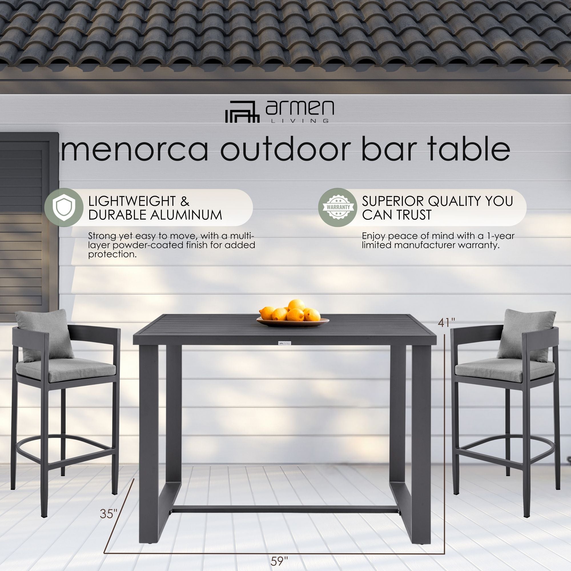 Menorca - Outdoor Patio Bar Height Dining Table - Aluminum