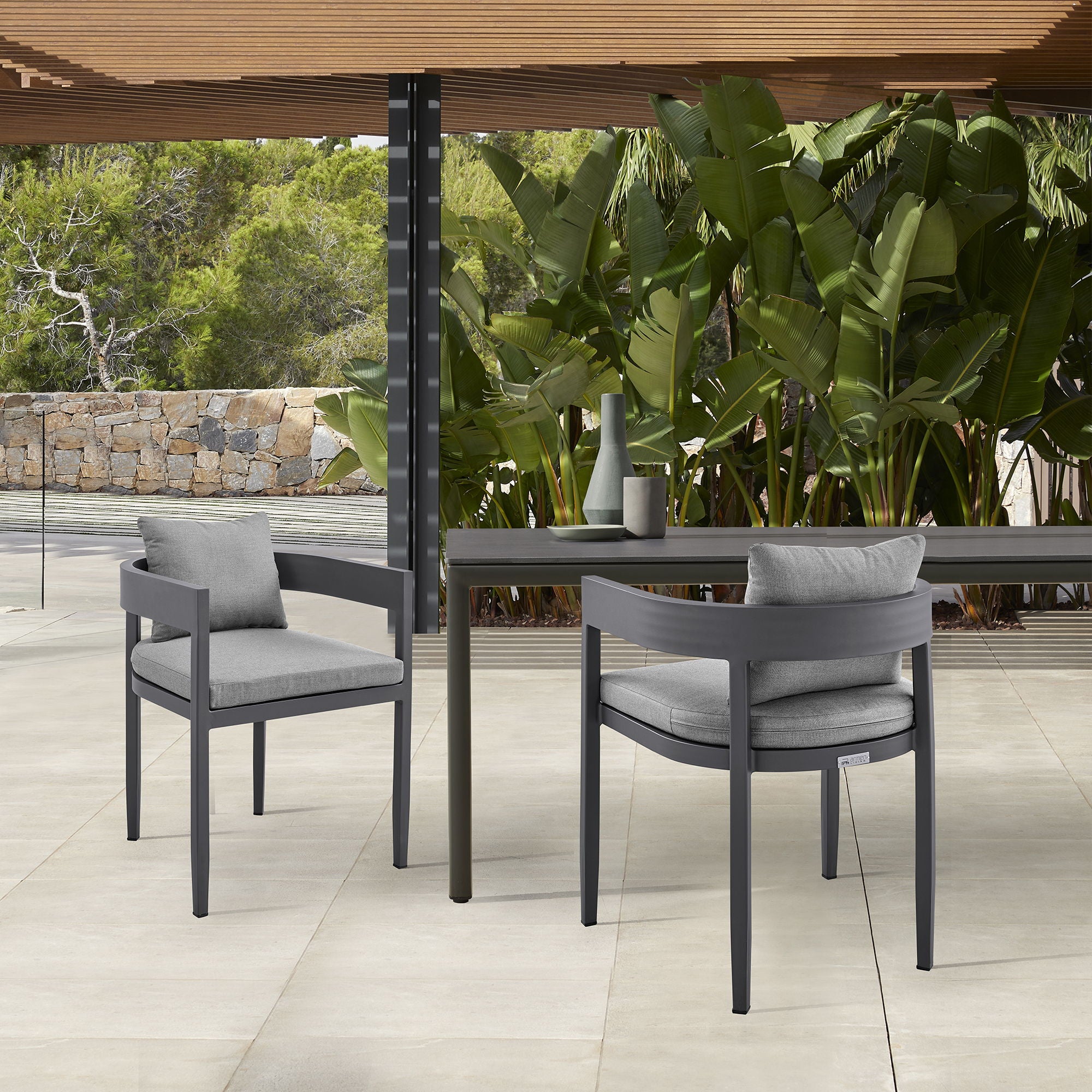 Menorca - Outdoor Patio Dining Chairs In Aluminum With Gray Cushions - (Set Of 2)